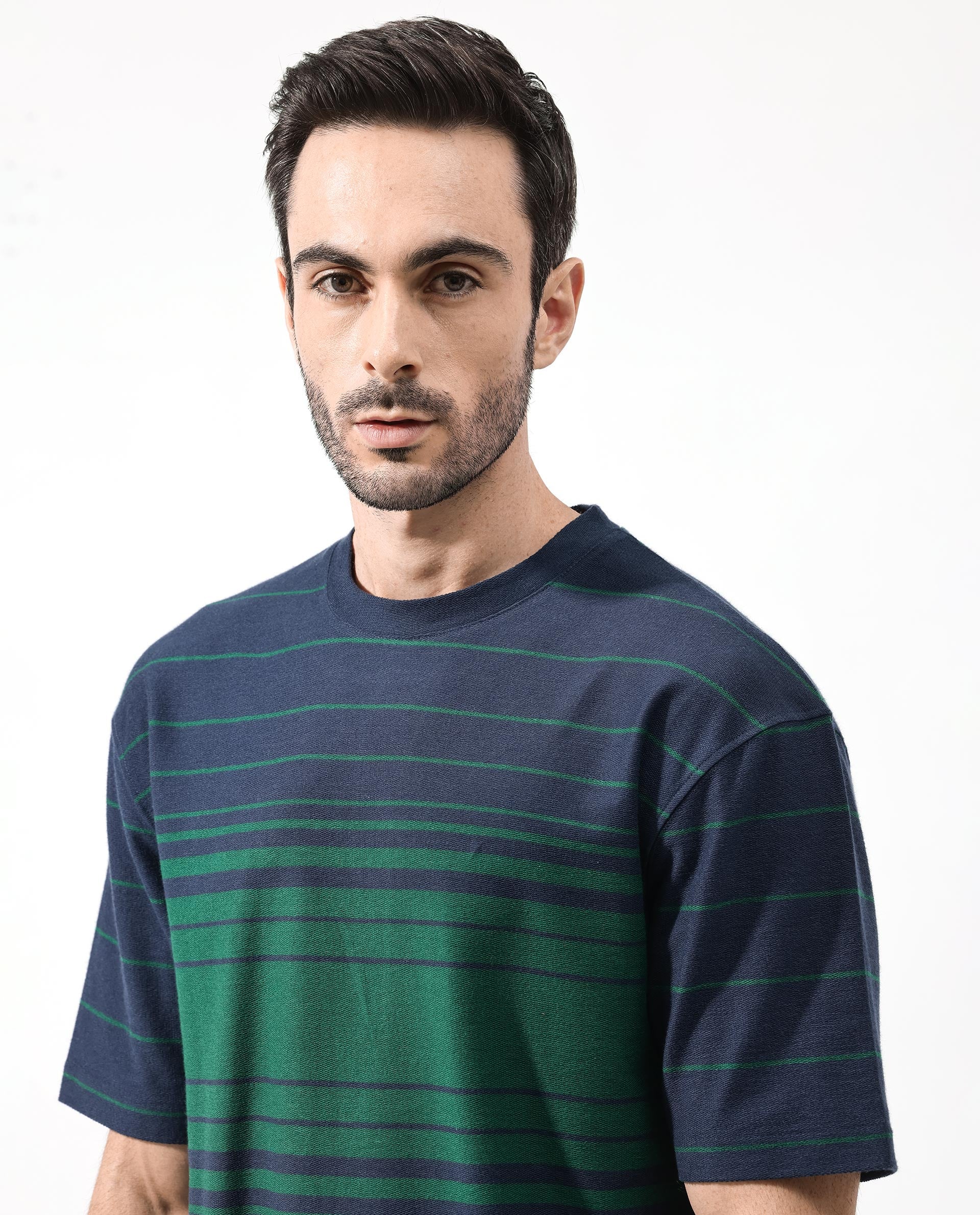 Rare Rabbit Men's Kot Navy Cotton Striped Print Oversized Fit Half Sleeve Crew Neck T-Shirt - Image 4