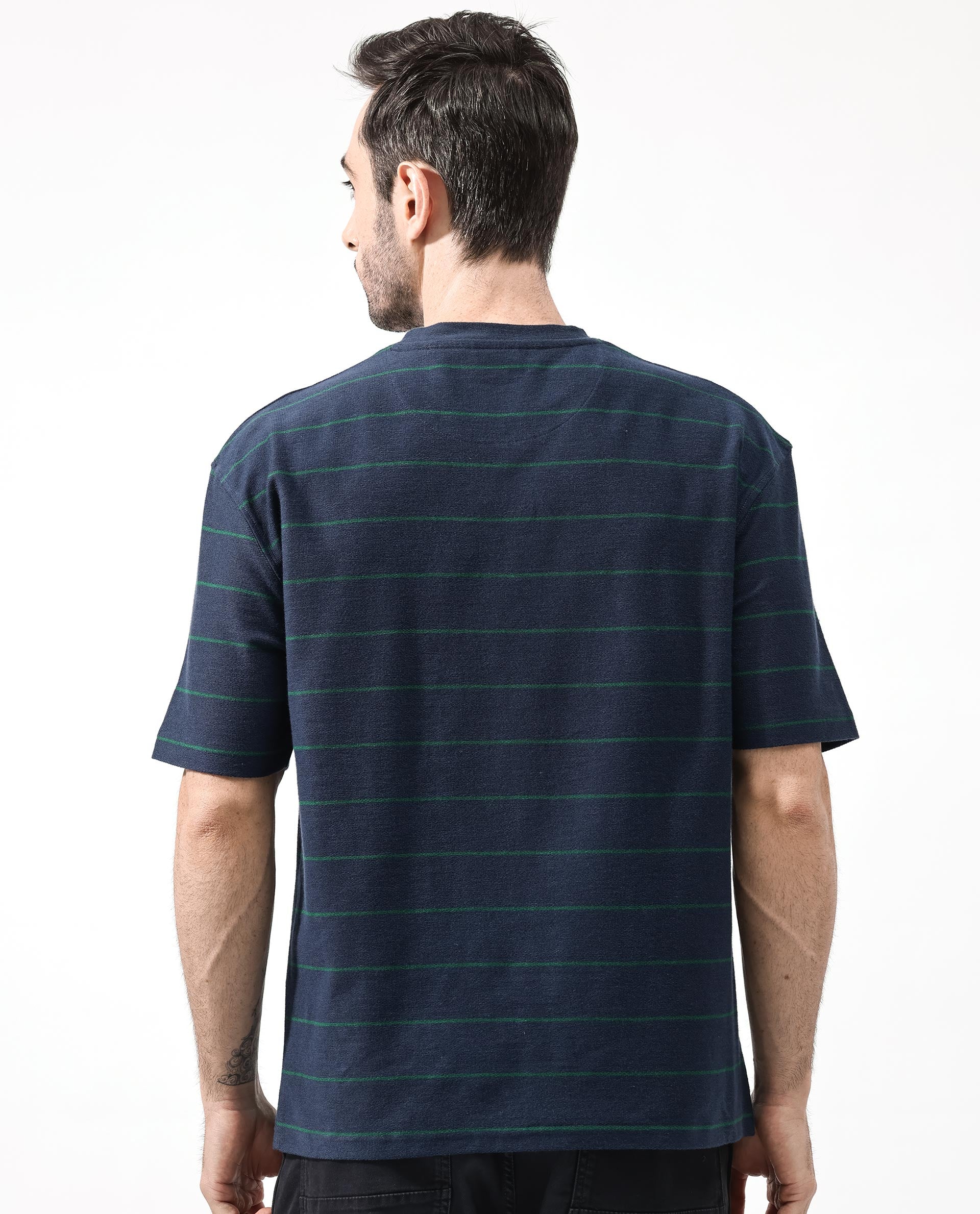 Rare Rabbit Men's Kot Navy Cotton Striped Print Oversized Fit Half Sleeve Crew Neck T-Shirt - Image 6
