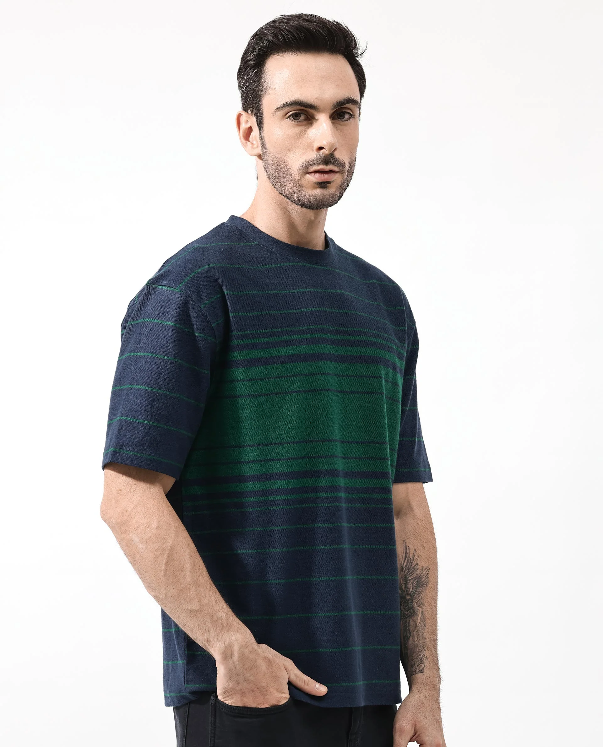 Rare Rabbit Men's Kot Navy Cotton Striped Print Oversized Fit Half Sleeve Crew Neck T-Shirt - Image 7