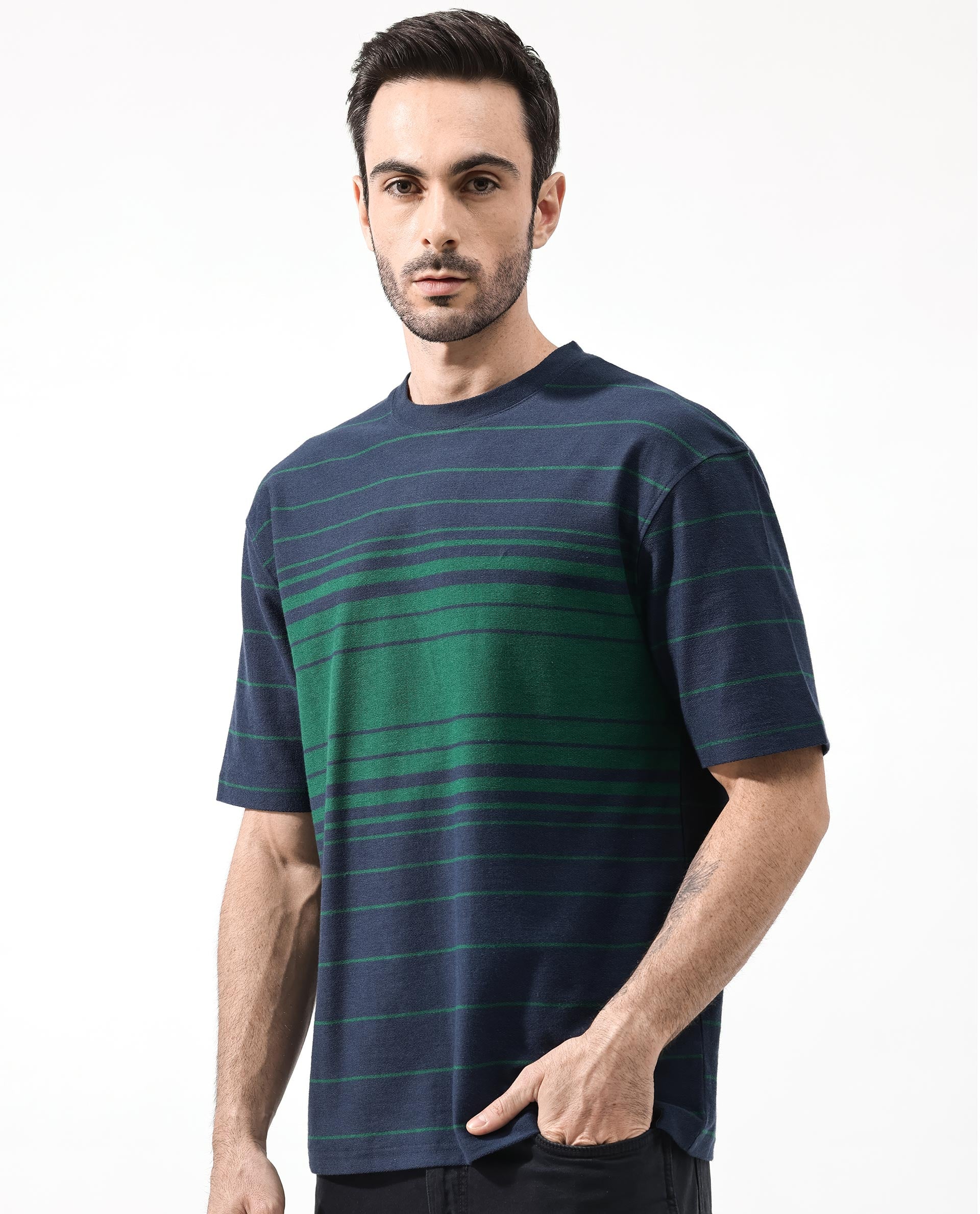 Rare Rabbit Men's Kot Navy Cotton Striped Print Oversized Fit Half Sleeve Crew Neck T-Shirt - Image 8