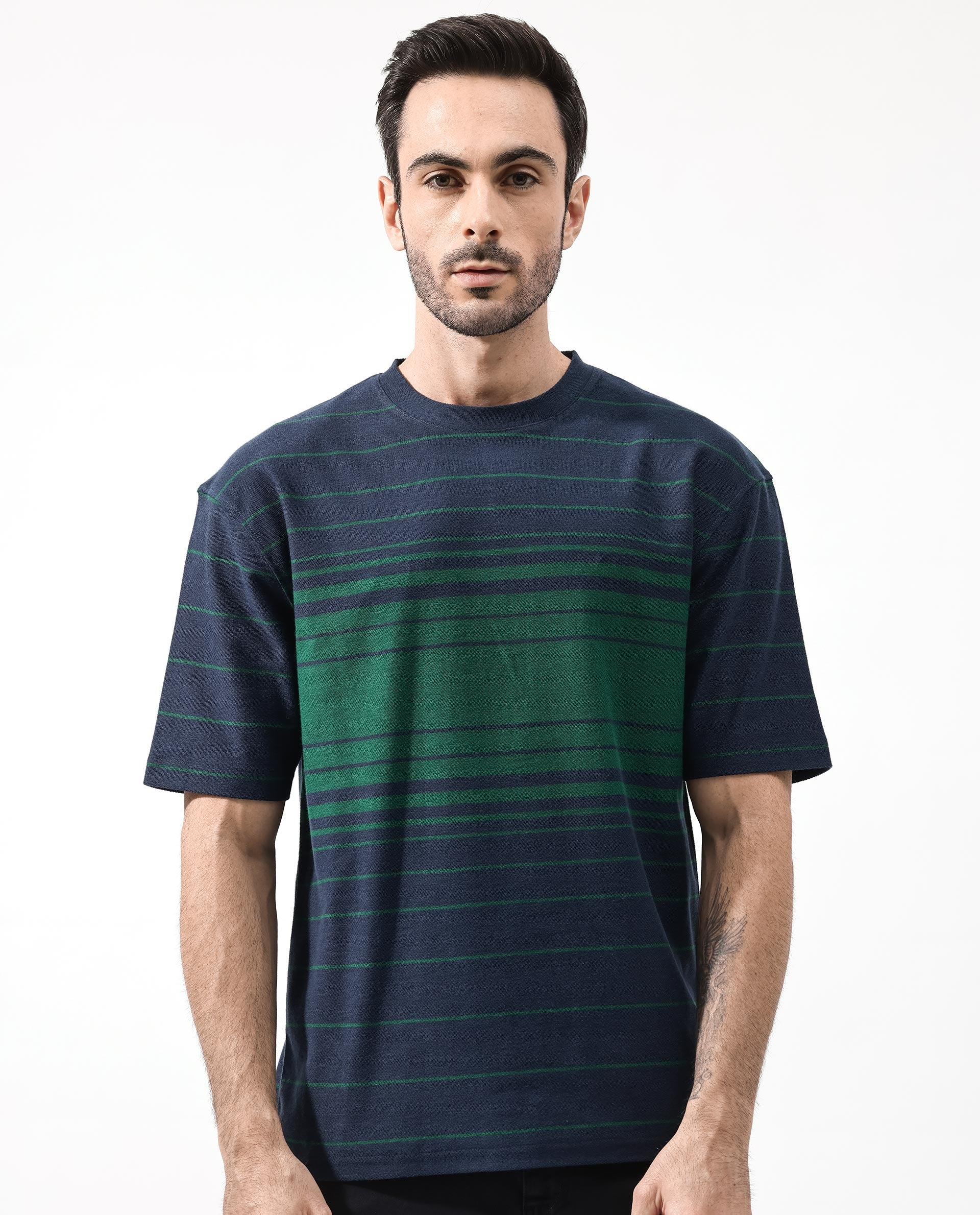 Rare Rabbit Men's Kot Navy Cotton Striped Print Oversized Fit Half Sleeve Crew Neck T-Shirt - Image 9