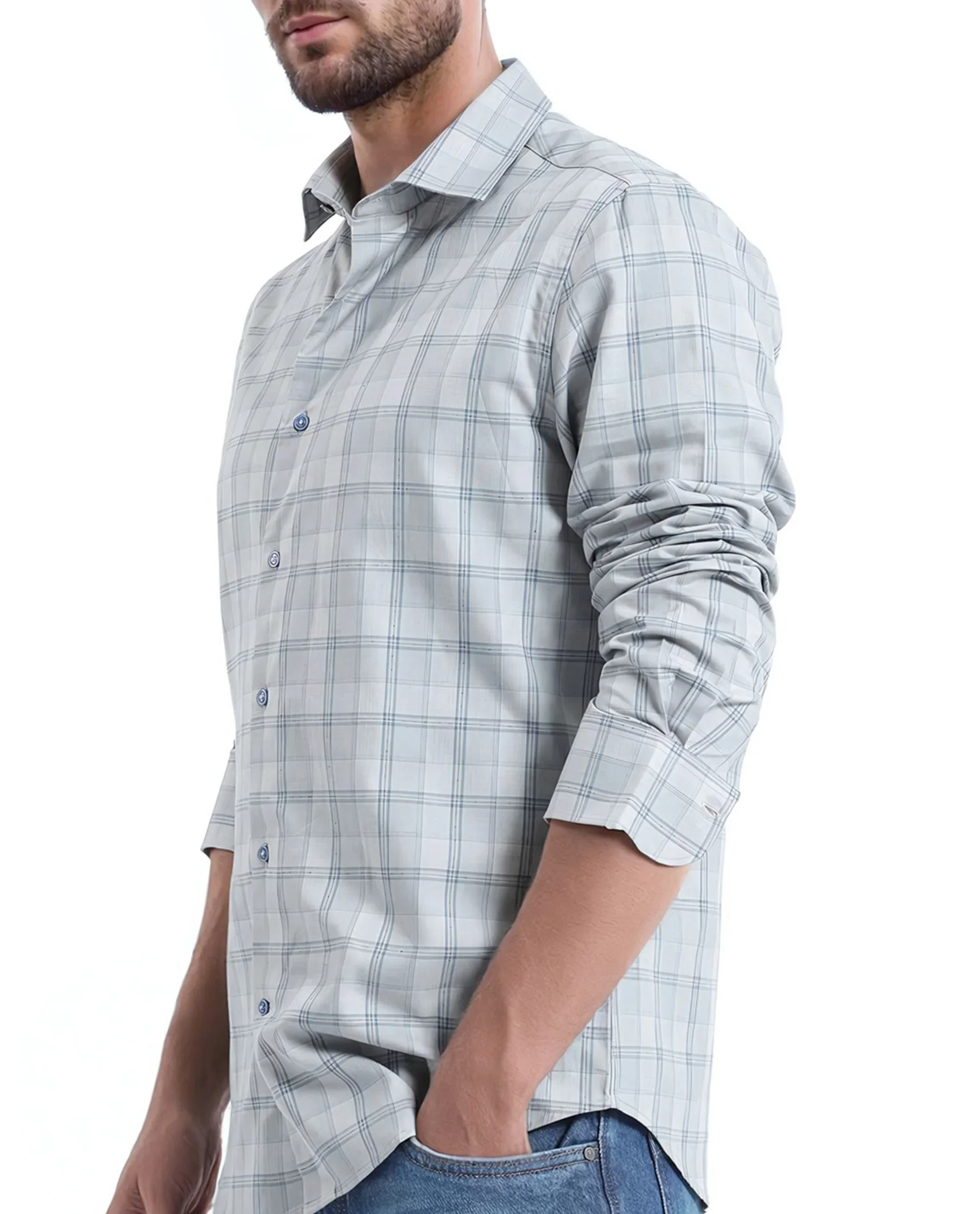 Rare Rabbit Men's Koten Grey Cotton Checked Print Regular Fit Full Sleeve Collared Shirt - Image 4