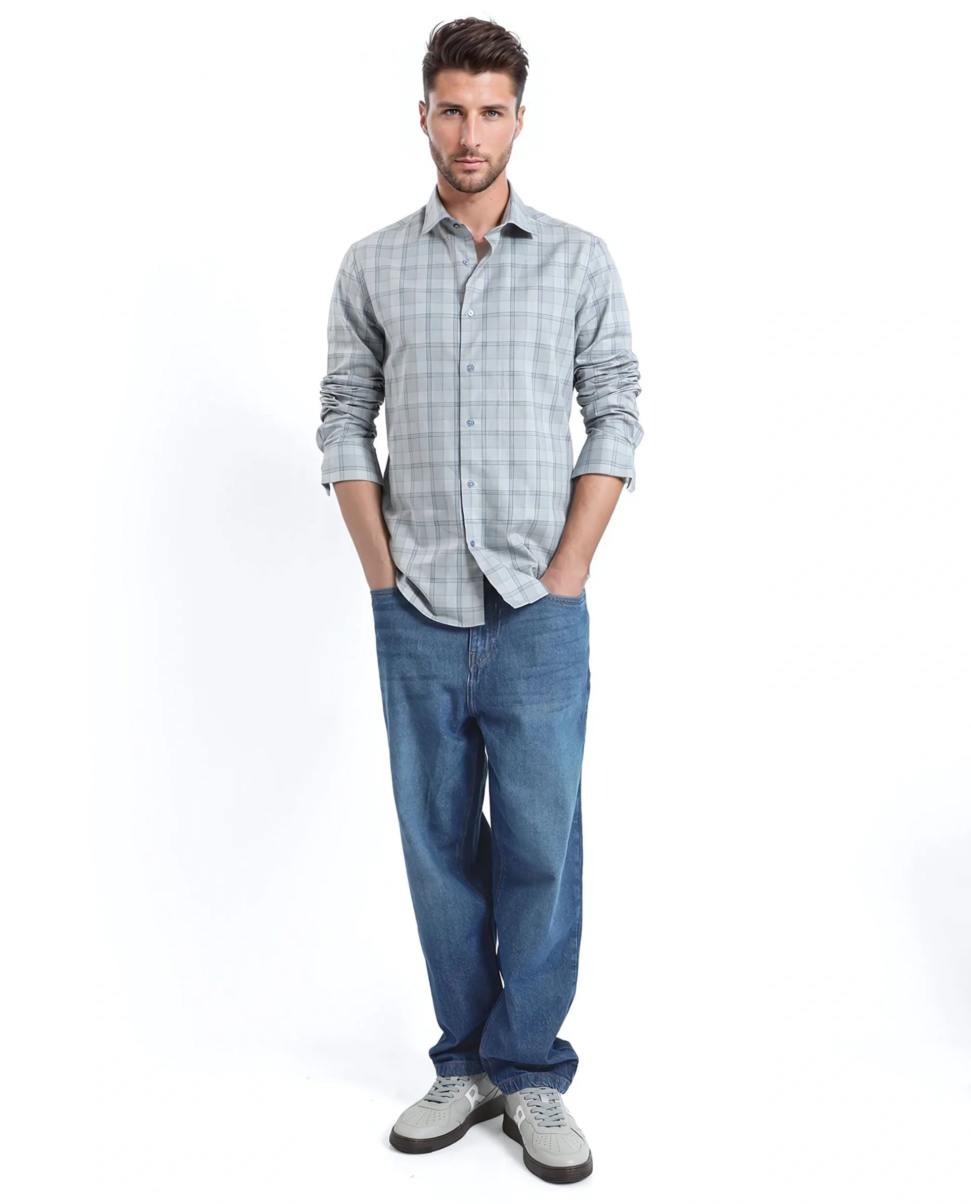 Rare Rabbit Men's Koten Grey Cotton Checked Print Regular Fit Full Sleeve Collared Shirt - Image 6