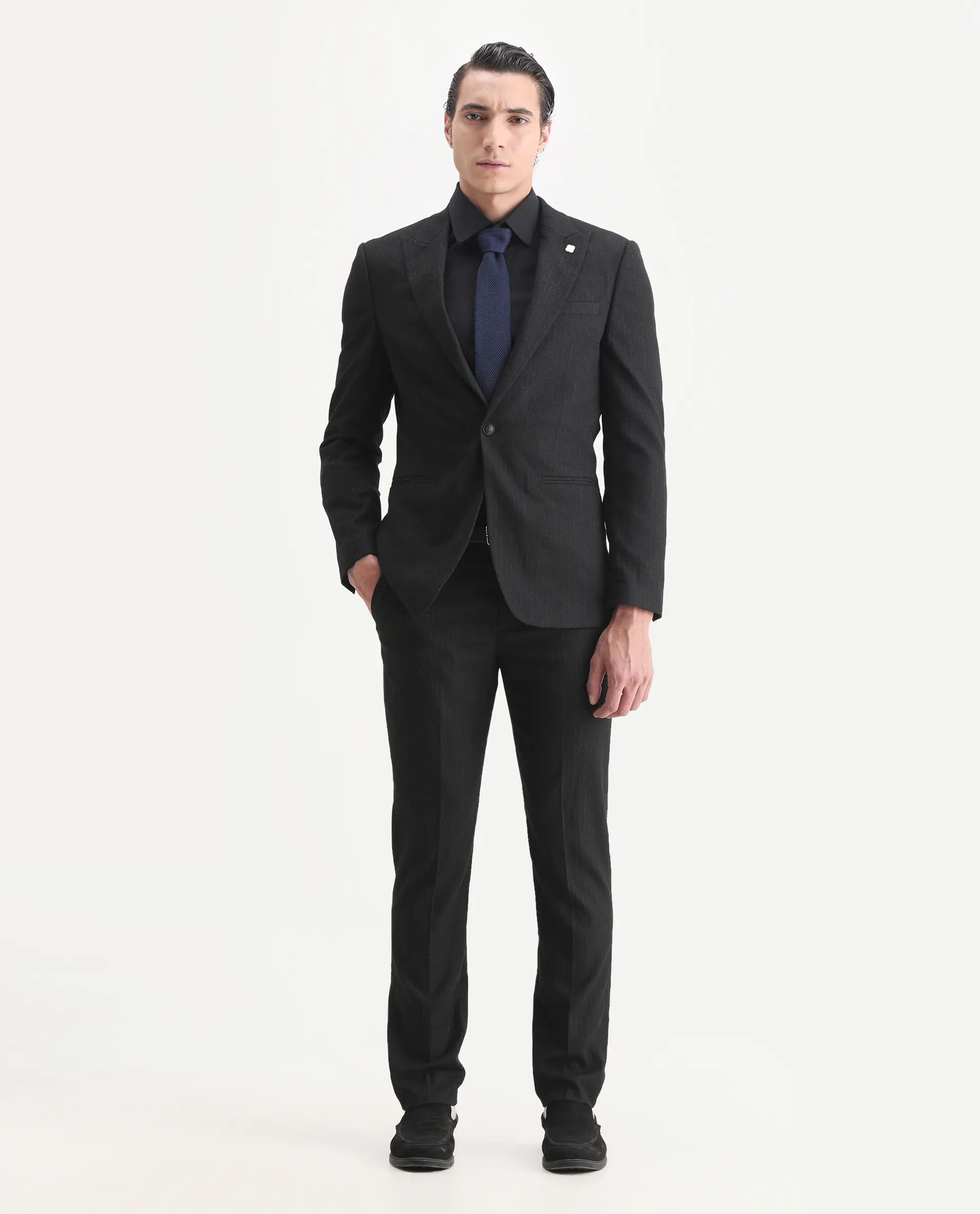 Rare Rabbit Men's Kove Black Polyester Striped Print Tailored Fit Full Sleeve Lapel Neck Suits