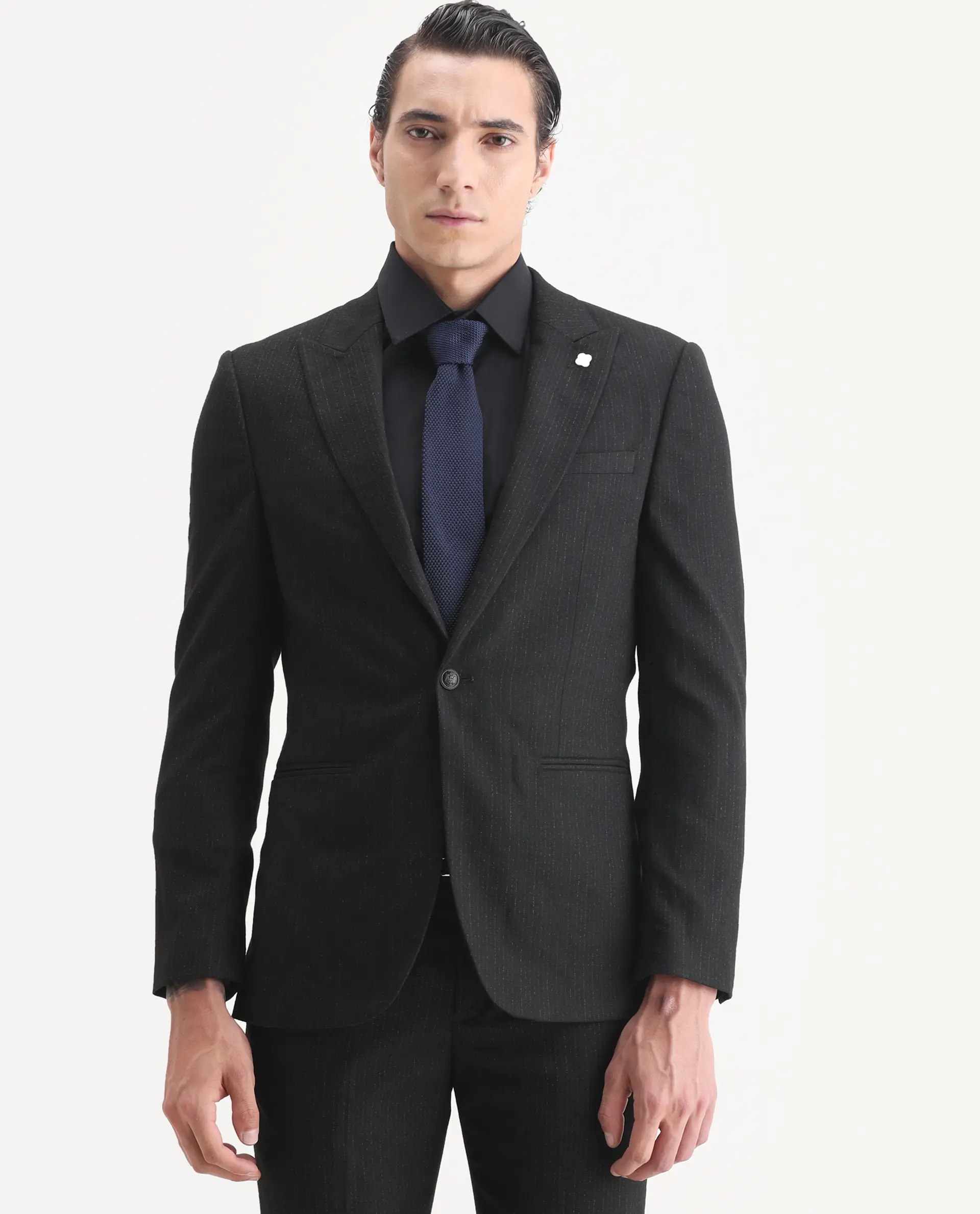 Rare Rabbit Men's Kove Black Polyester Striped Print Tailored Fit Full Sleeve Lapel Neck Suits - Image 2
