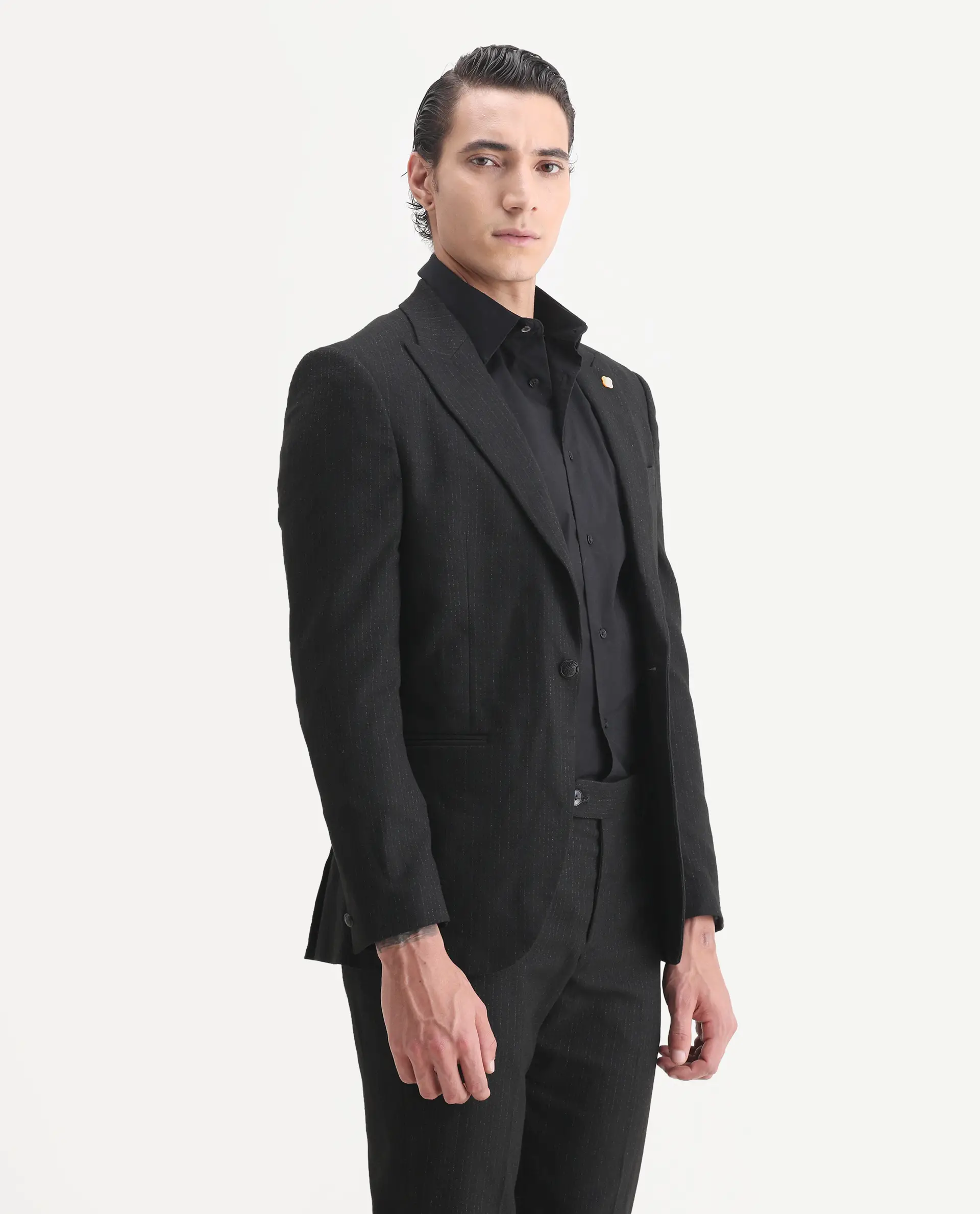Rare Rabbit Men's Kove Black Polyester Striped Print Tailored Fit Full Sleeve Lapel Neck Suits - Image 4