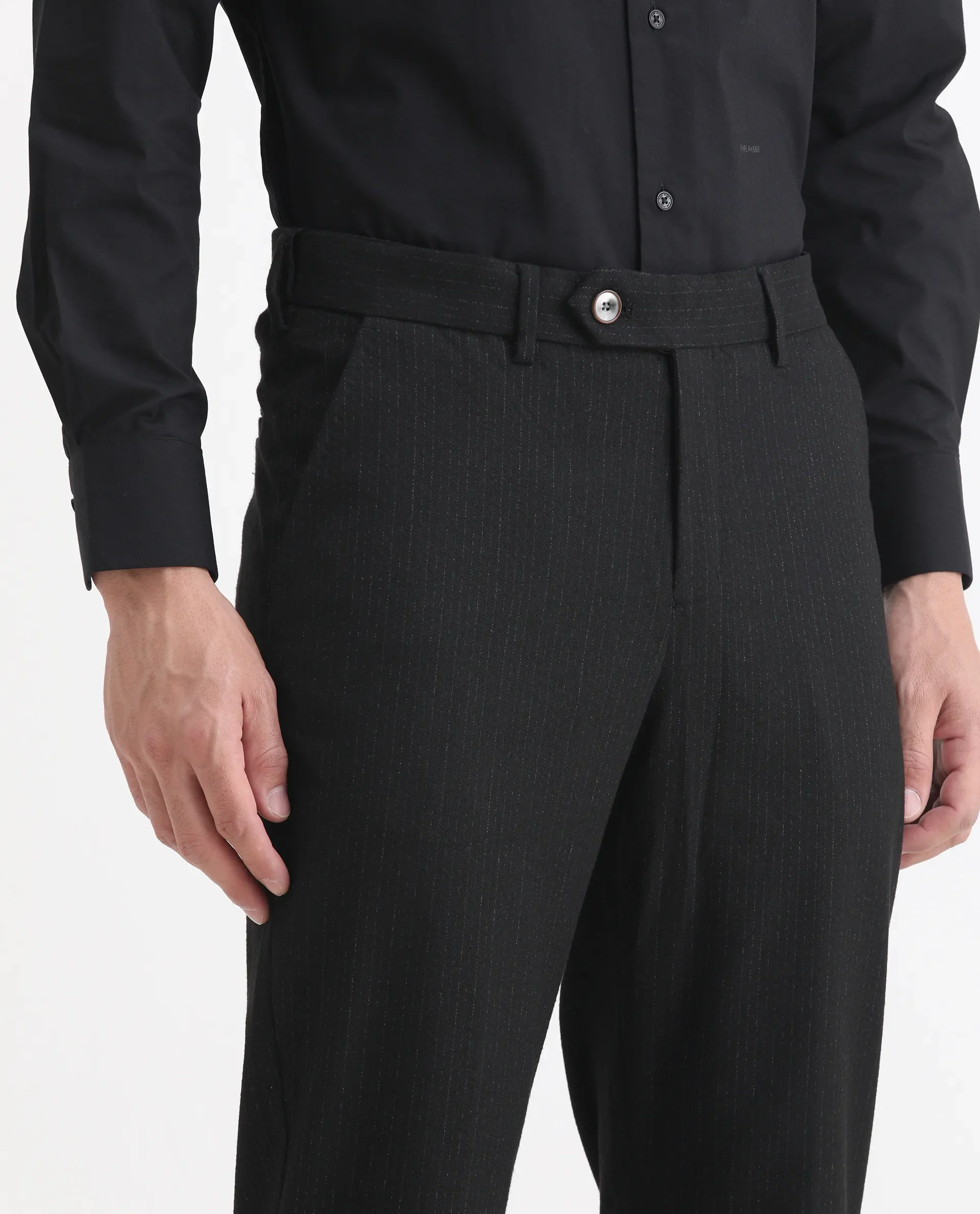 Rare Rabbit Men's Kovex Black Polyester Striped Print Regular Fit Trouser - Image 2