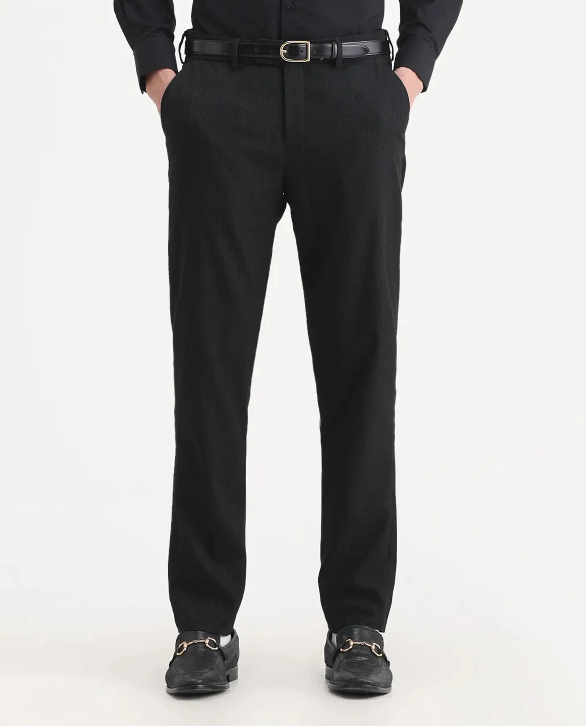 Rare Rabbit Men's Kovex Black Polyester Striped Print Regular Fit Trouser - Image 8