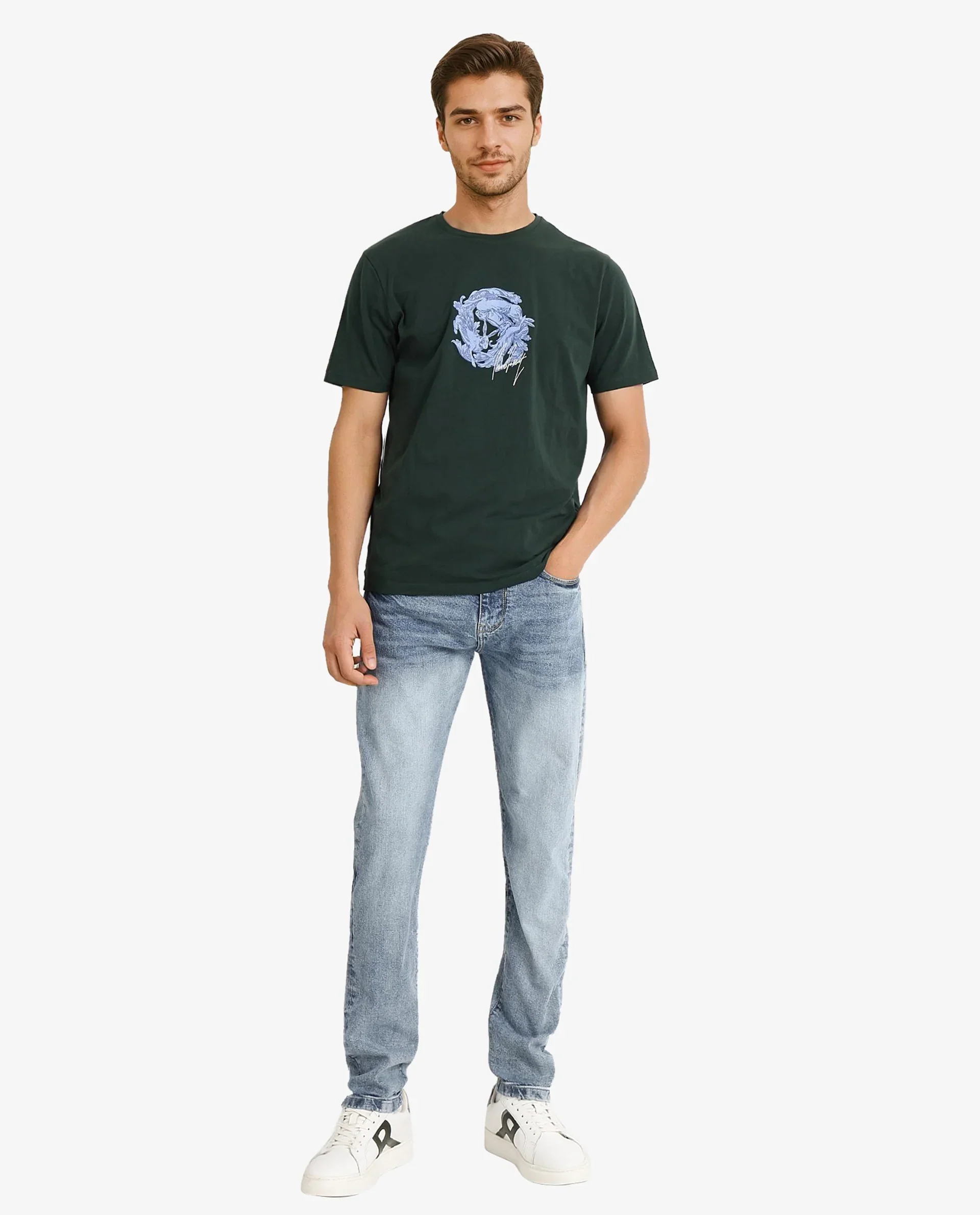 Rare Rabbit Men's Kowl Dark Green Cotton Graphic Print Regular Fit Half Sleeve Crew Neck T-Shirt - Image 2