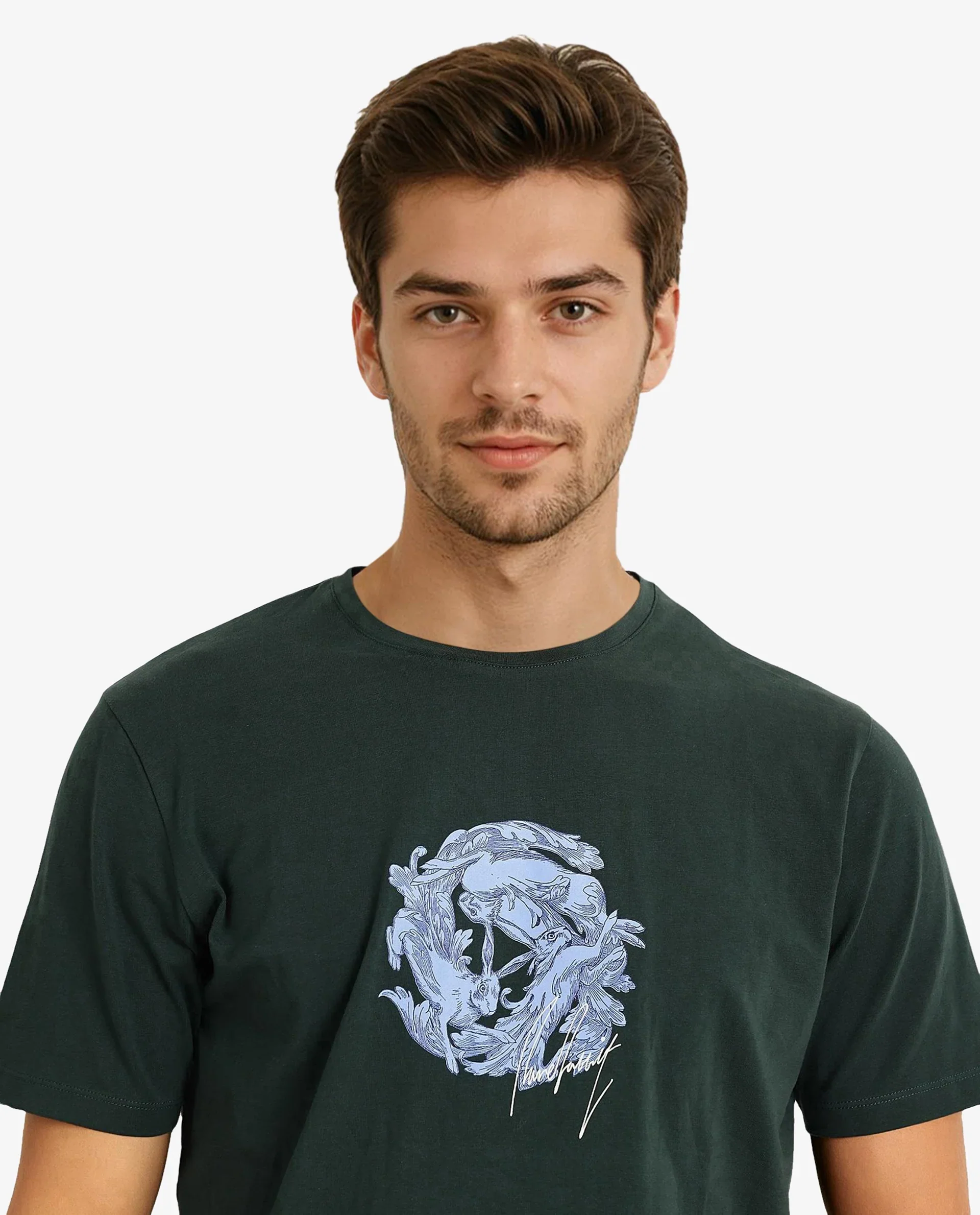 Rare Rabbit Men's Kowl Dark Green Cotton Graphic Print Regular Fit Half Sleeve Crew Neck T-Shirt - Image 3