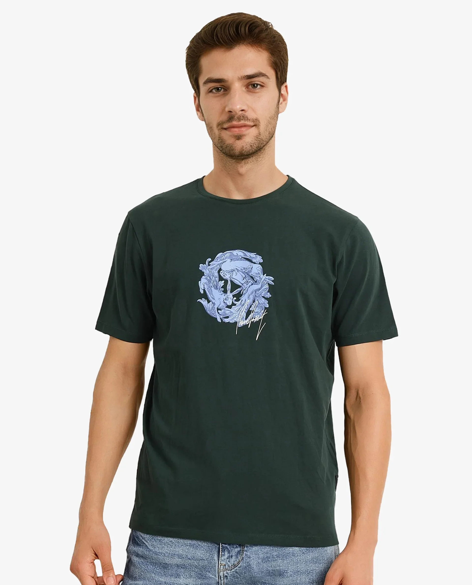 Rare Rabbit Men's Kowl Dark Green Cotton Graphic Print Regular Fit Half Sleeve Crew Neck T-Shirt - Image 5