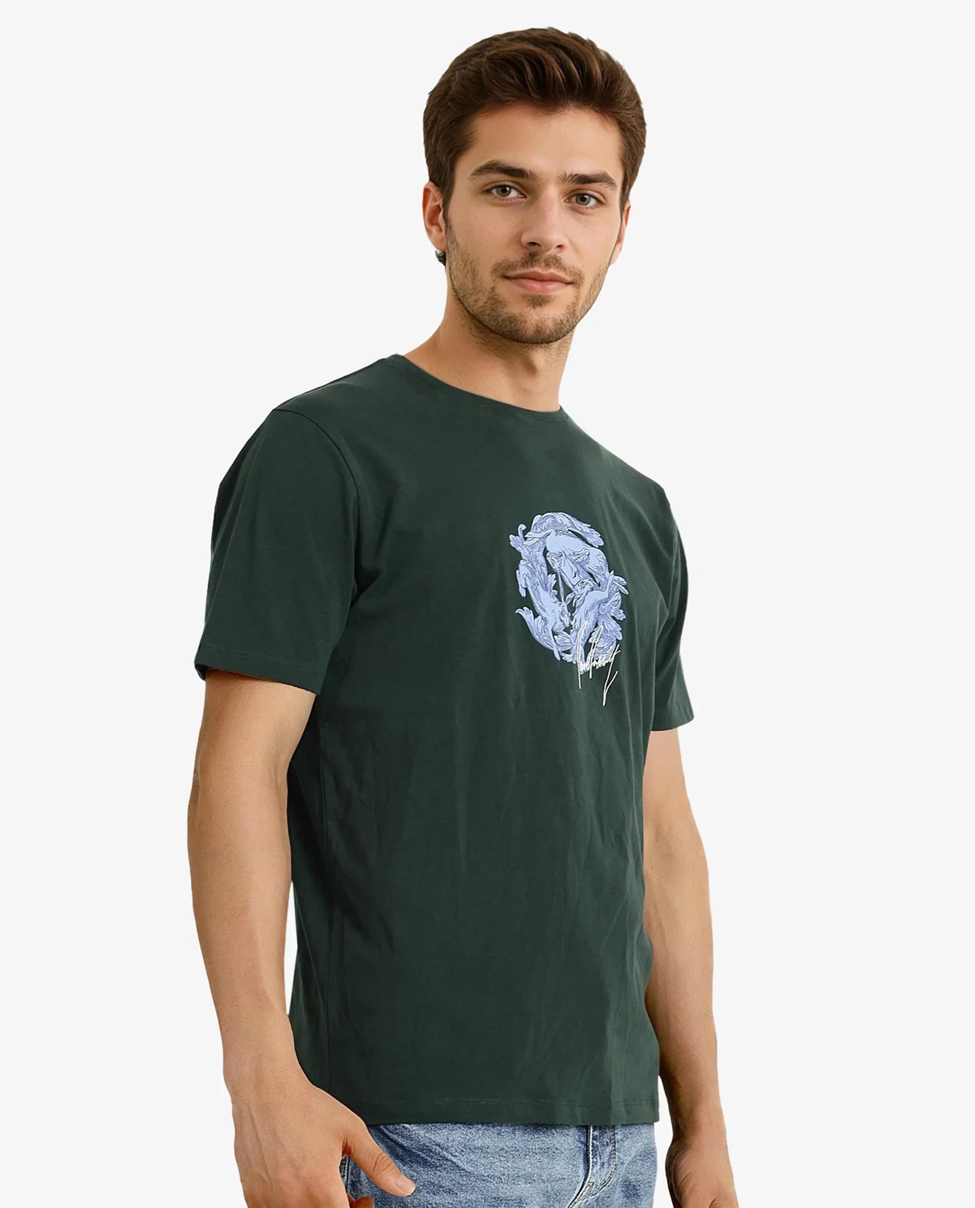 Rare Rabbit Men's Kowl Dark Green Cotton Graphic Print Regular Fit Half Sleeve Crew Neck T-Shirt - Image 6