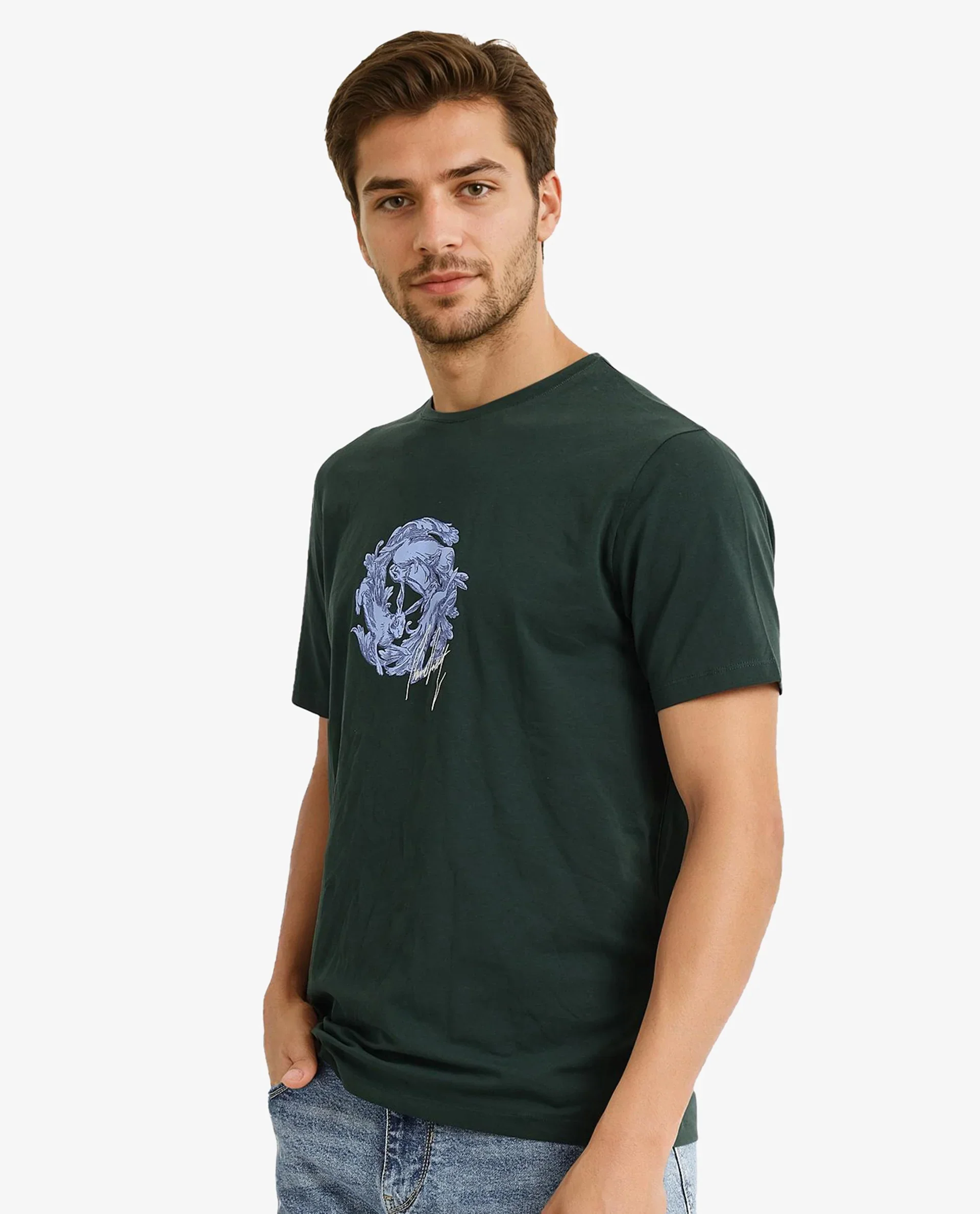 Rare Rabbit Men's Kowl Dark Green Cotton Graphic Print Regular Fit Half Sleeve Crew Neck T-Shirt - Image 7