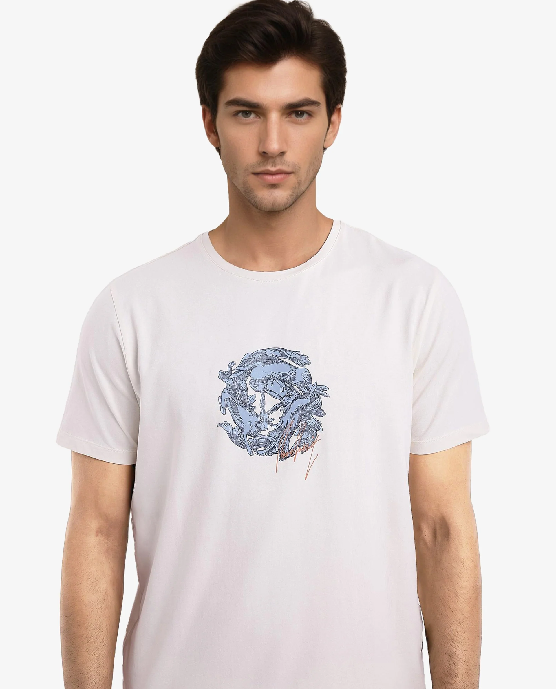 Rare Rabbit Men's Kowl Off White Cotton Graphic Print Regular Fit Half Sleeve Crew Neck T-Shirt