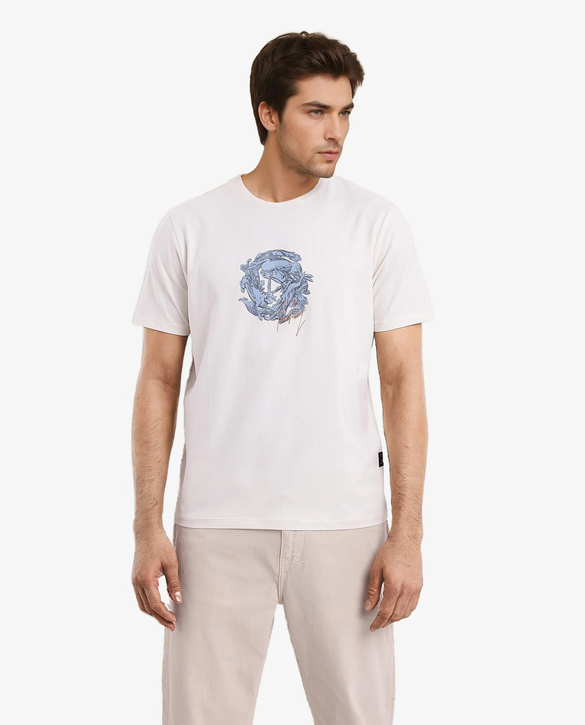 Rare Rabbit Men's Kowl Off White Cotton Graphic Print Regular Fit Half Sleeve Crew Neck T-Shirt - Image 3