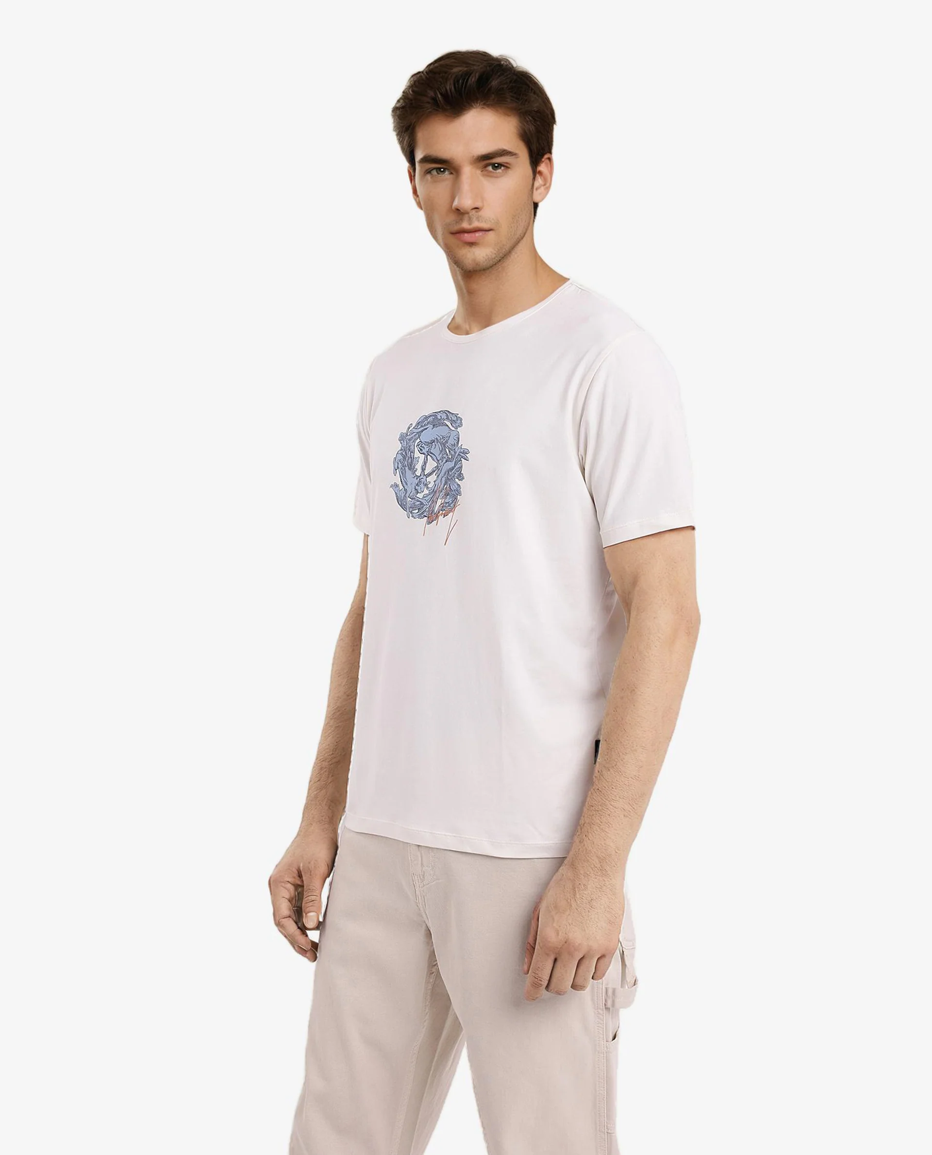 Rare Rabbit Men's Kowl Off White Cotton Graphic Print Regular Fit Half Sleeve Crew Neck T-Shirt - Image 6