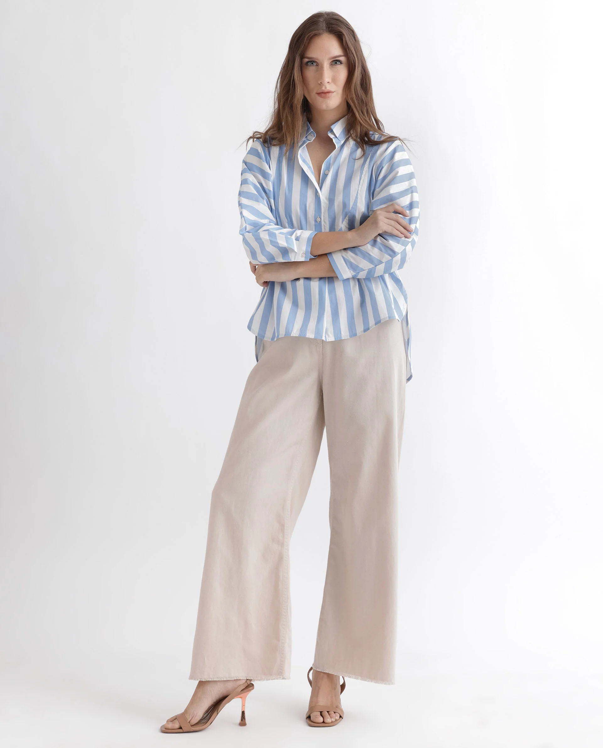 Rareism Women's Kowski Blue Cotton Blend Spread Collar Striped Kimono Sleeve Regular Fit Top - Image 10