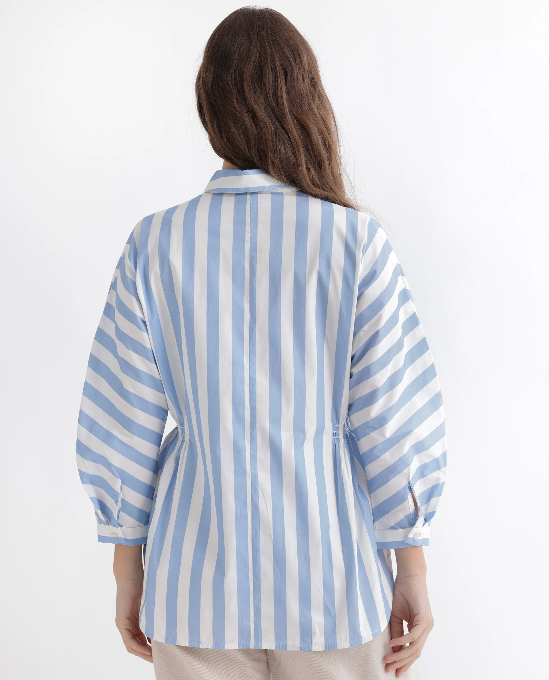Rareism Women's Kowski Blue Cotton Blend Spread Collar Striped Kimono Sleeve Regular Fit Top - Image 12