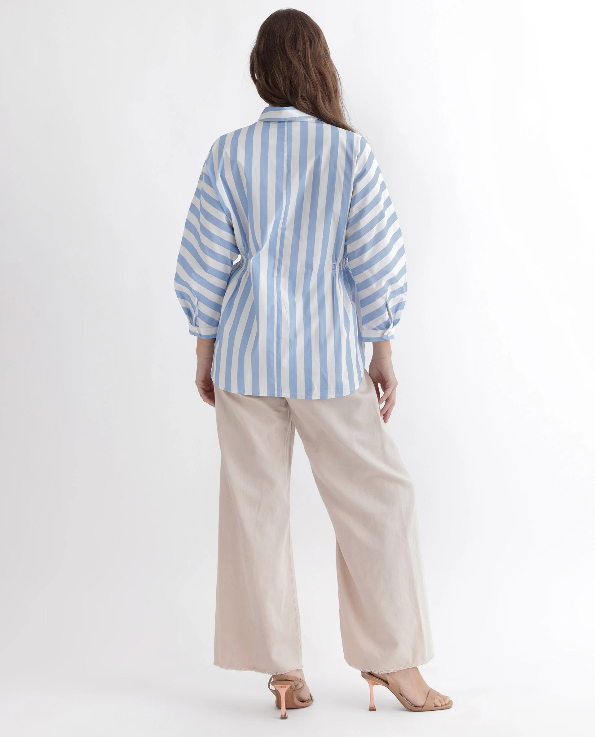 Rareism Women's Kowski Blue Cotton Blend Spread Collar Striped Kimono Sleeve Regular Fit Top - Image 13