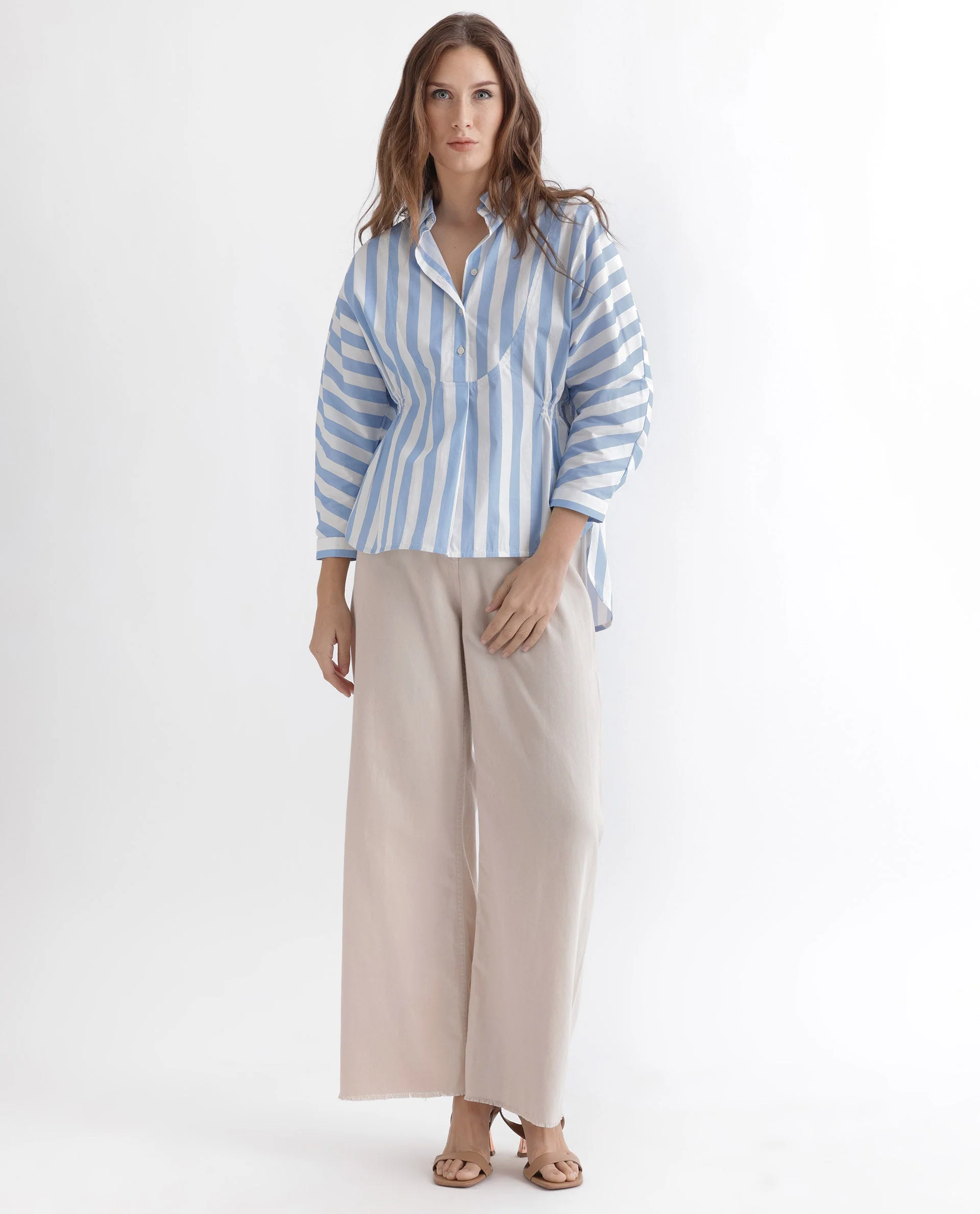 Rareism Women's Kowski Blue Cotton Blend Spread Collar Striped Kimono Sleeve Regular Fit Top - Image 2