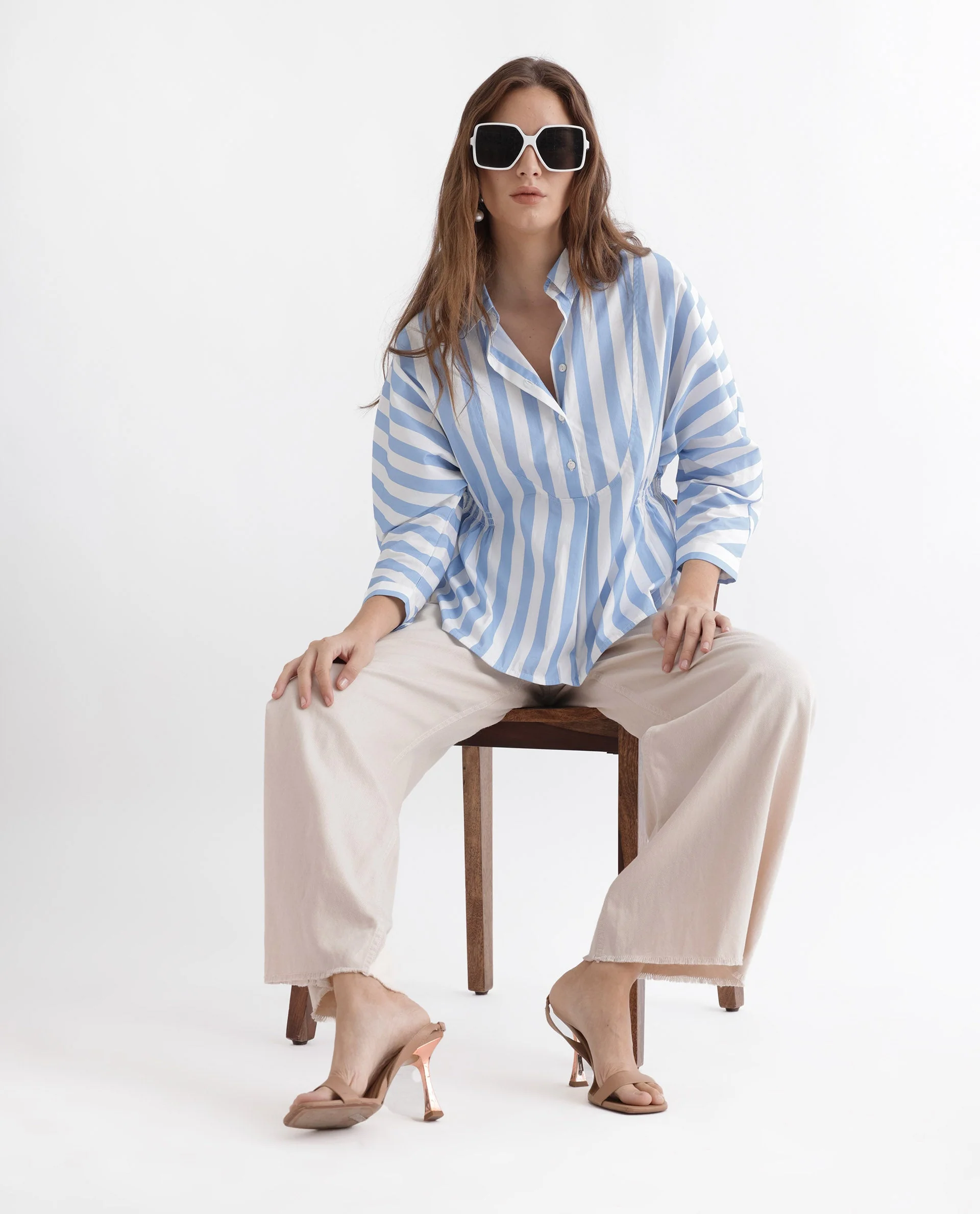 Rareism Women's Kowski Blue Cotton Blend Spread Collar Striped Kimono Sleeve Regular Fit Top - Image 3