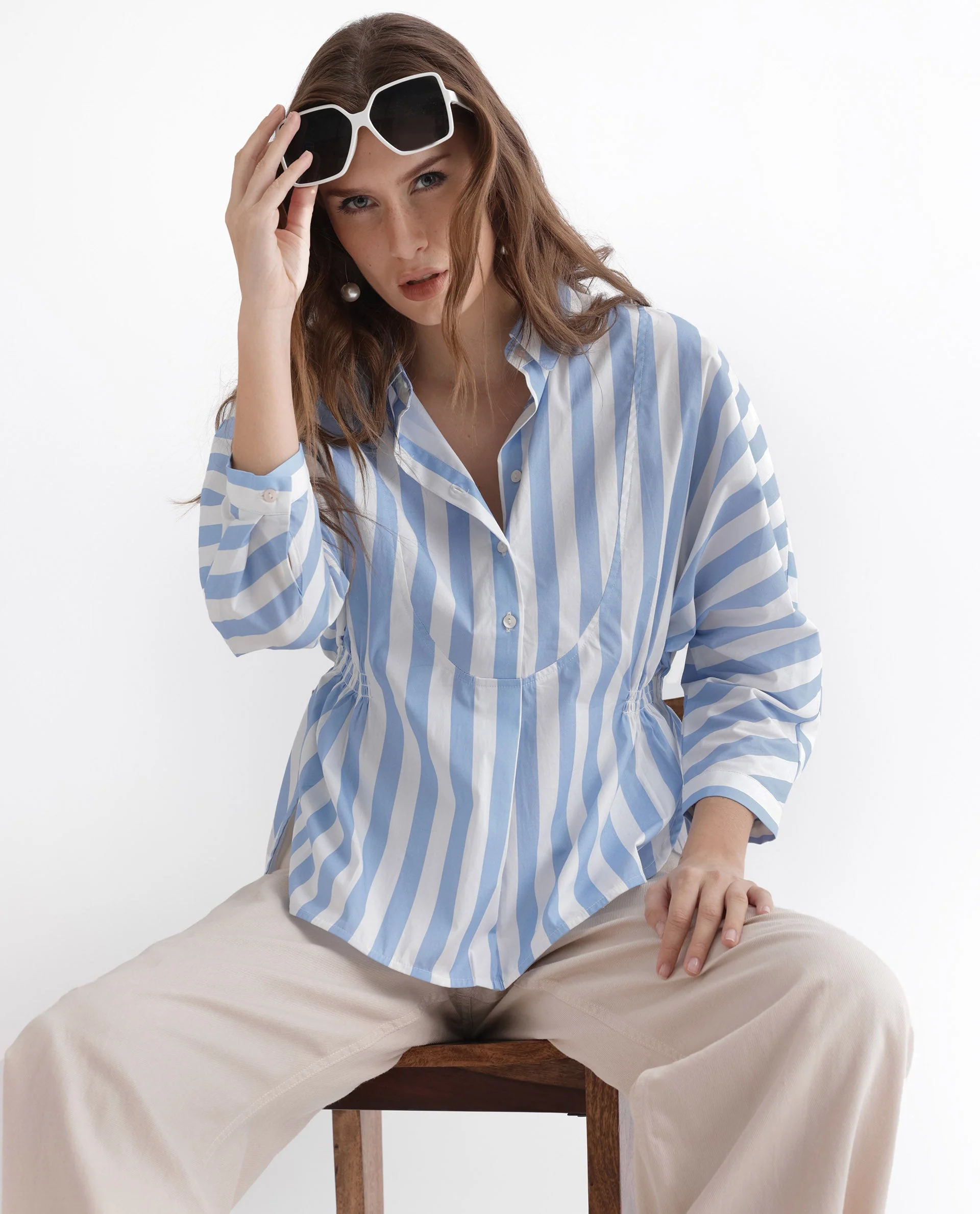 Rareism Women's Kowski Blue Cotton Blend Spread Collar Striped Kimono Sleeve Regular Fit Top - Image 4