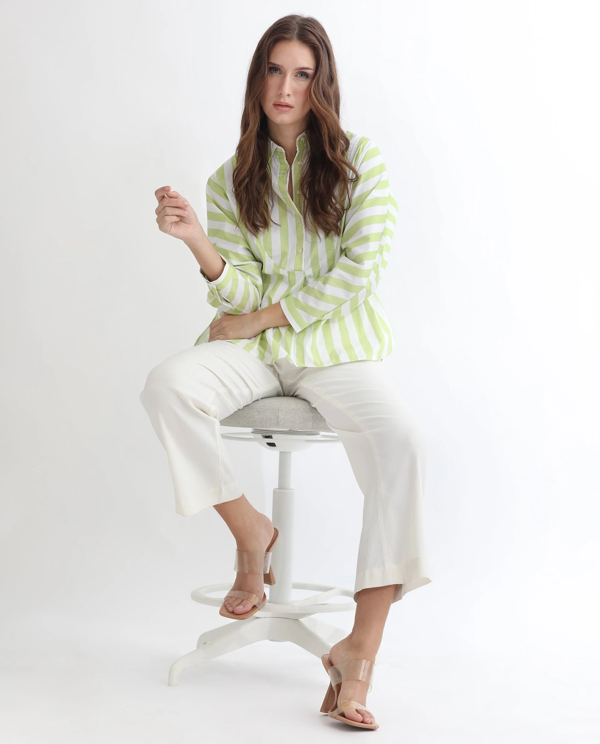Rareism Women's Kowski Green Cotton Blend Spread Collar Striped Kimono Sleeve Regular Fit Top - Image 10