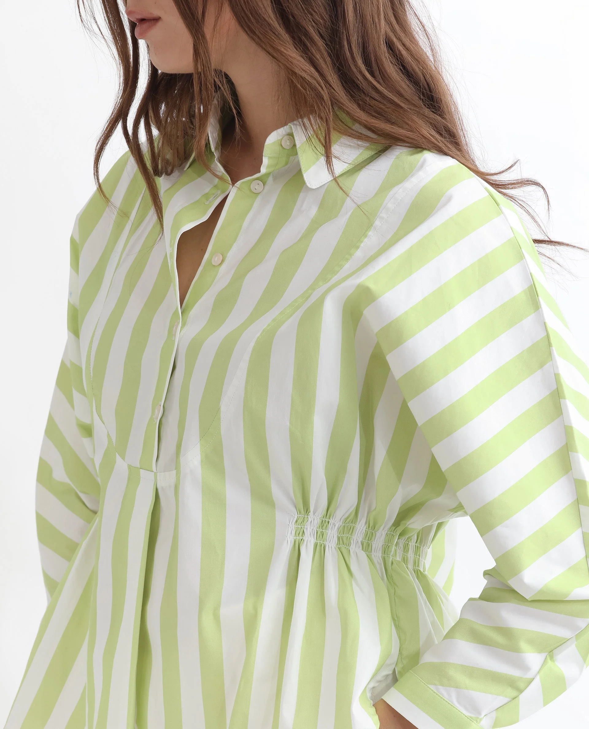 Rareism Women's Kowski Green Cotton Blend Spread Collar Striped Kimono Sleeve Regular Fit Top - Image 12