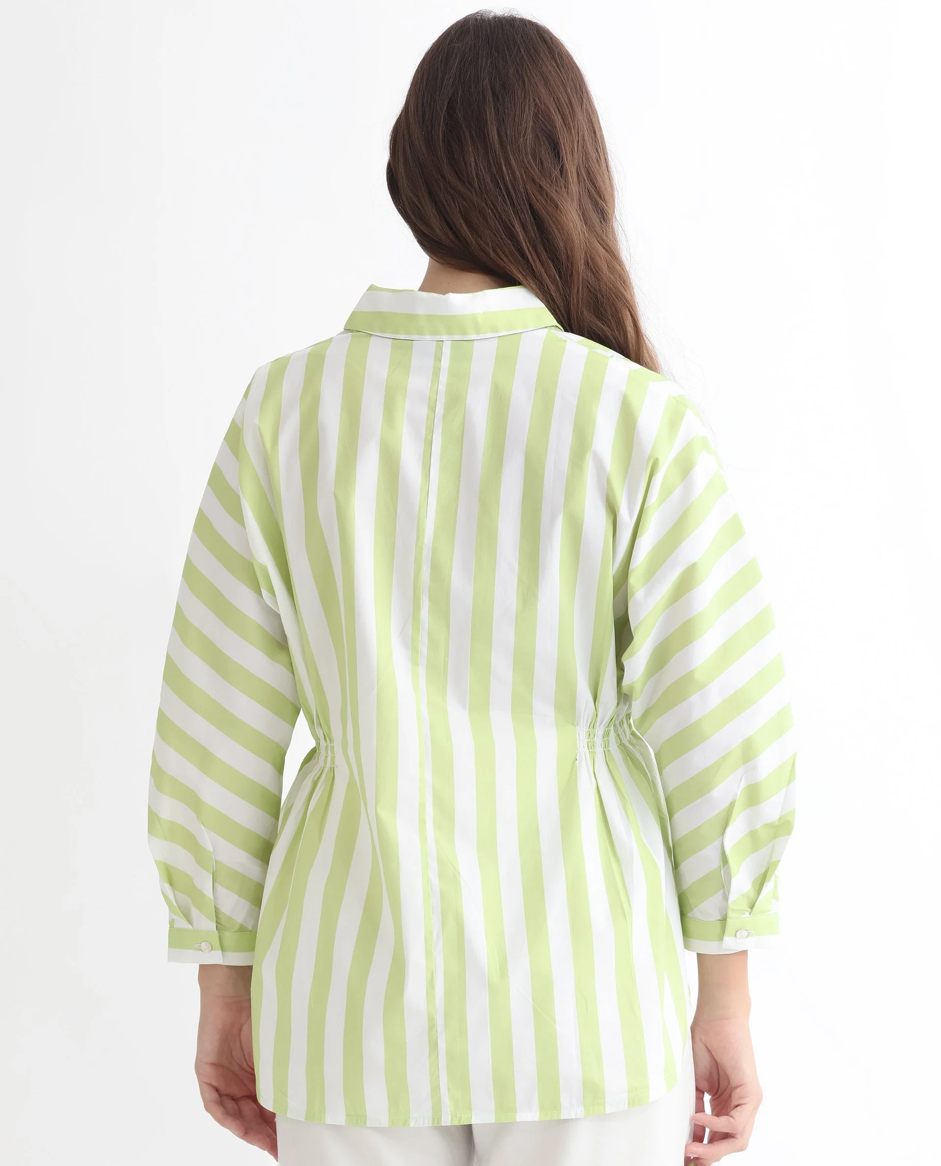Rareism Women's Kowski Green Cotton Blend Spread Collar Striped Kimono Sleeve Regular Fit Top - Image 13