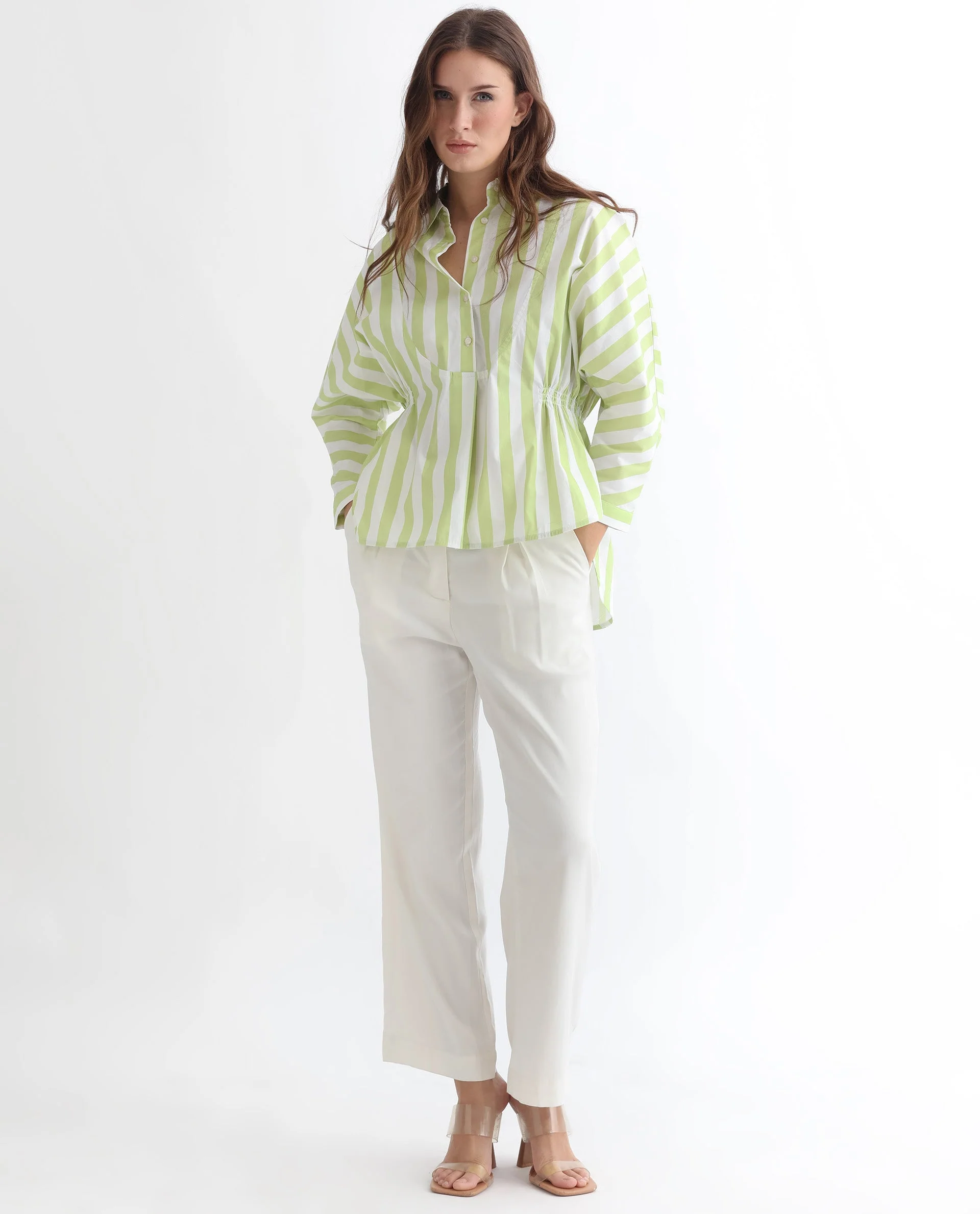 Rareism Women's Kowski Green Cotton Blend Spread Collar Striped Kimono Sleeve Regular Fit Top - Image 2