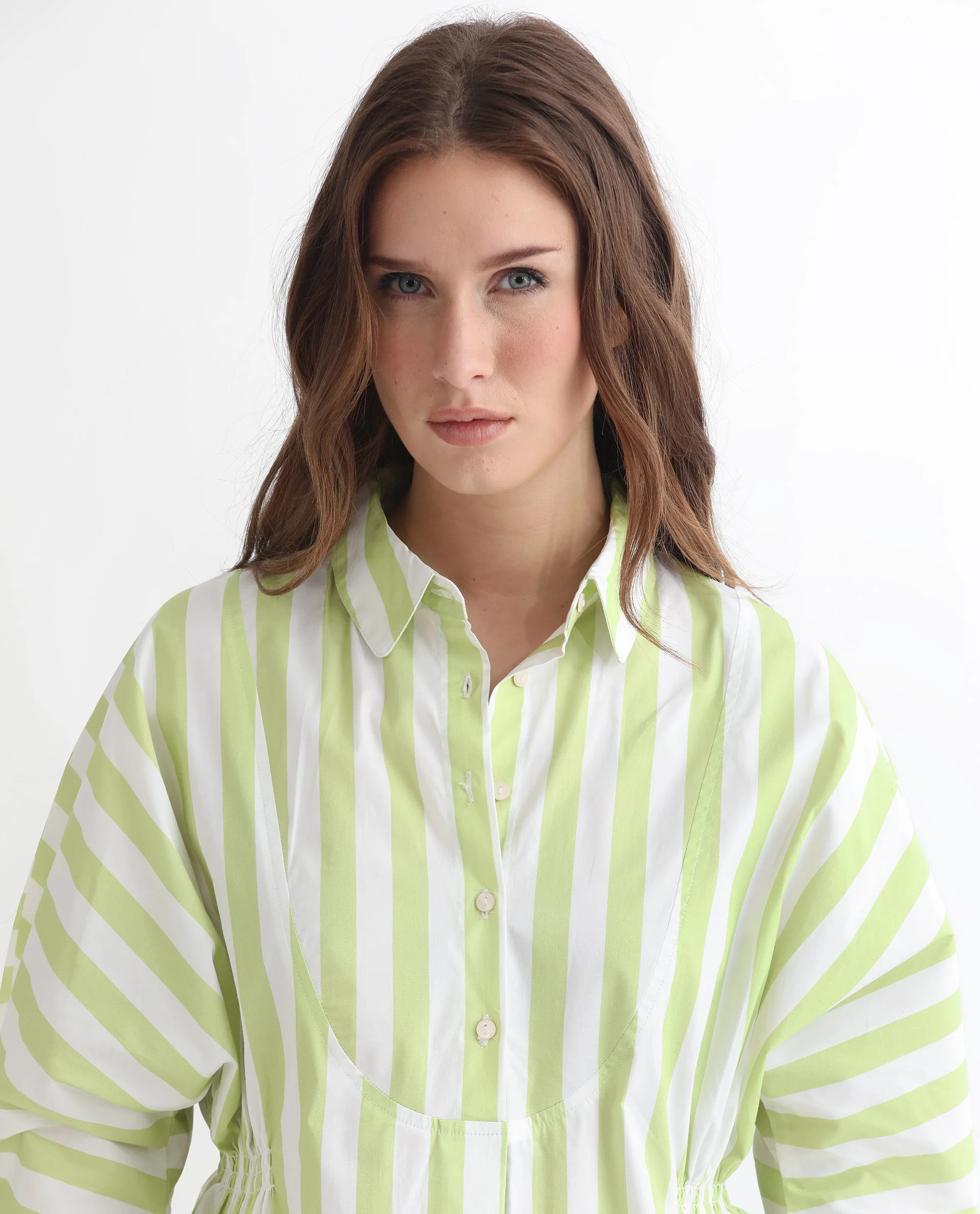 Rareism Women's Kowski Green Cotton Blend Spread Collar Striped Kimono Sleeve Regular Fit Top - Image 3
