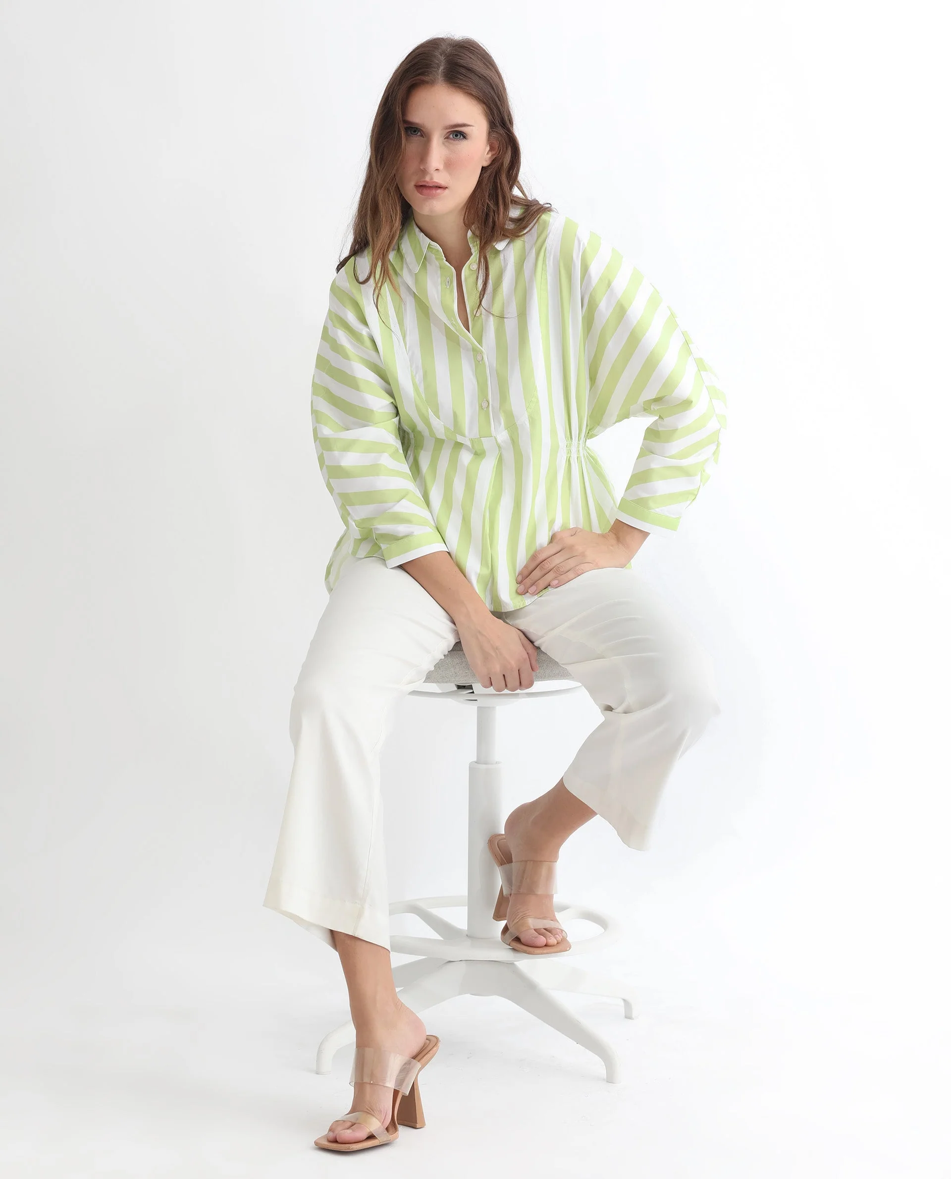 Rareism Women's Kowski Green Cotton Blend Spread Collar Striped Kimono Sleeve Regular Fit Top - Image 4