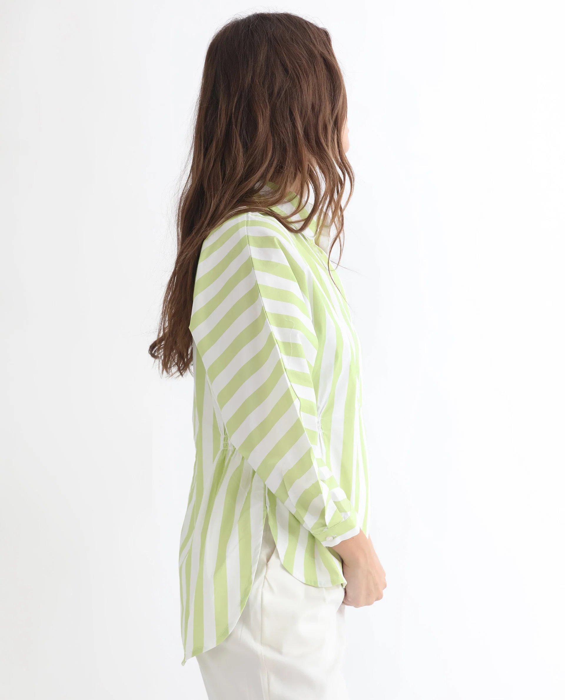 Rareism Women's Kowski Green Cotton Blend Spread Collar Striped Kimono Sleeve Regular Fit Top - Image 6
