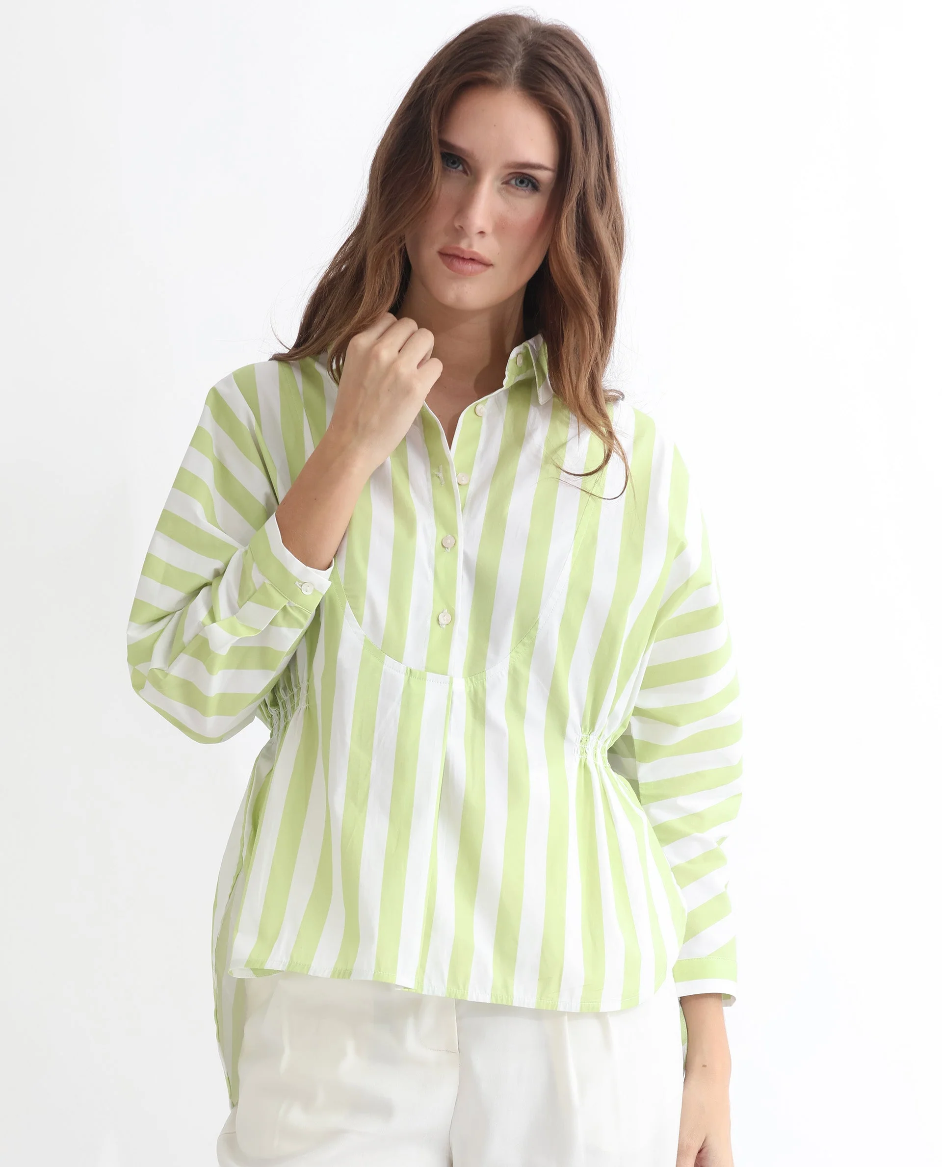 Rareism Women's Kowski Green Cotton Blend Spread Collar Striped Kimono Sleeve Regular Fit Top - Image 7