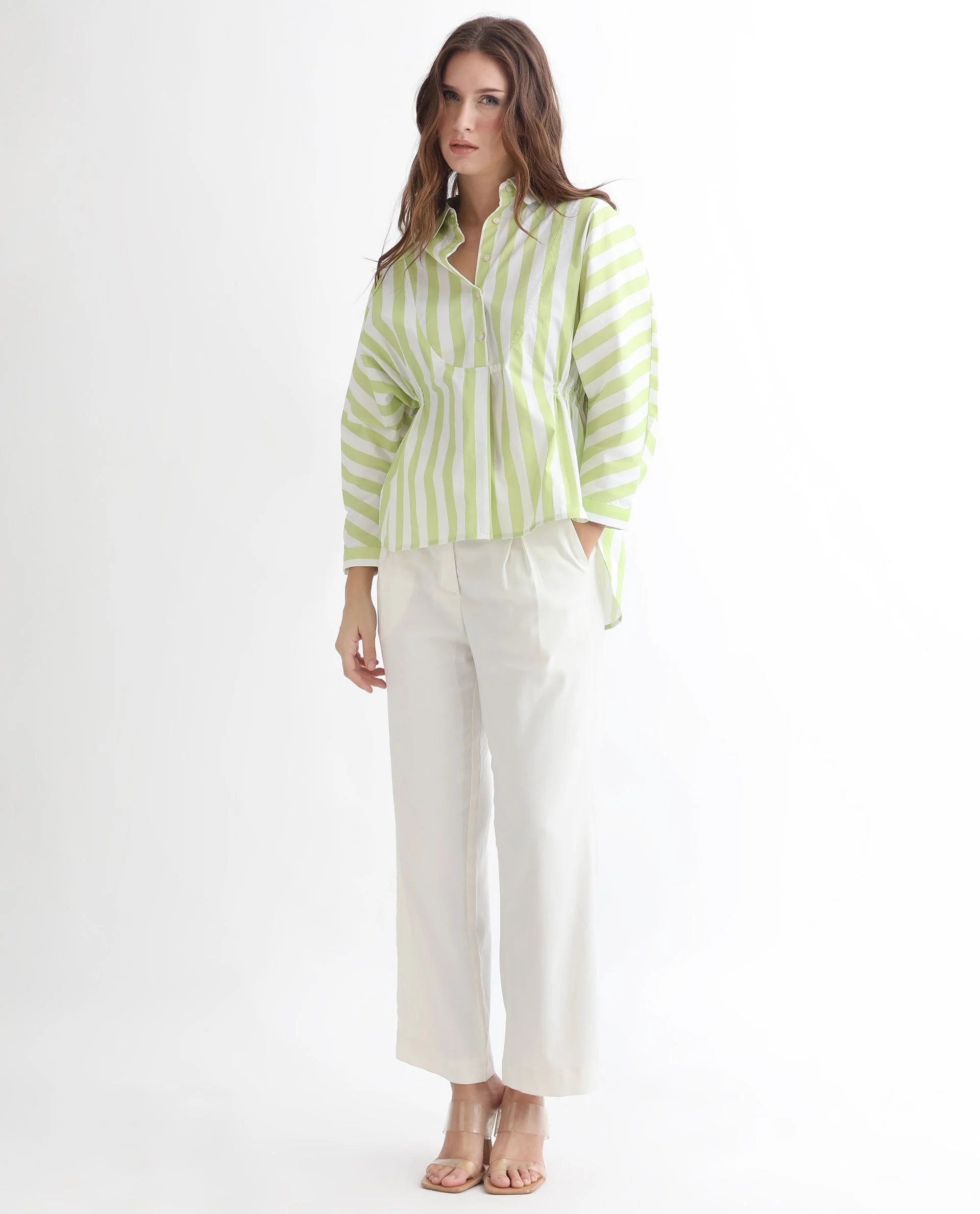 Rareism Women's Kowski Green Cotton Blend Spread Collar Striped Kimono Sleeve Regular Fit Top - Image 8