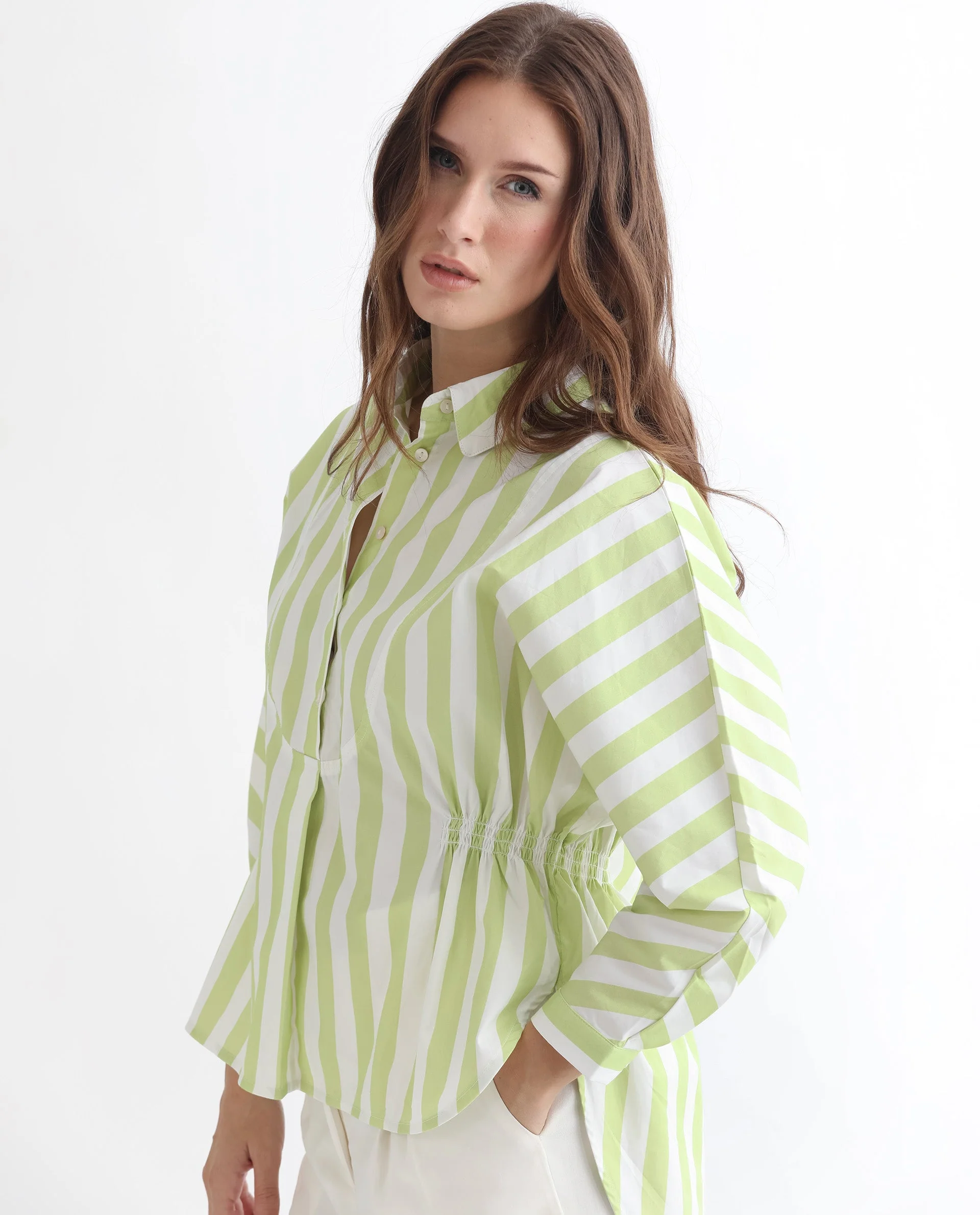Rareism Women's Kowski Green Cotton Blend Spread Collar Striped Kimono Sleeve Regular Fit Top - Image 9