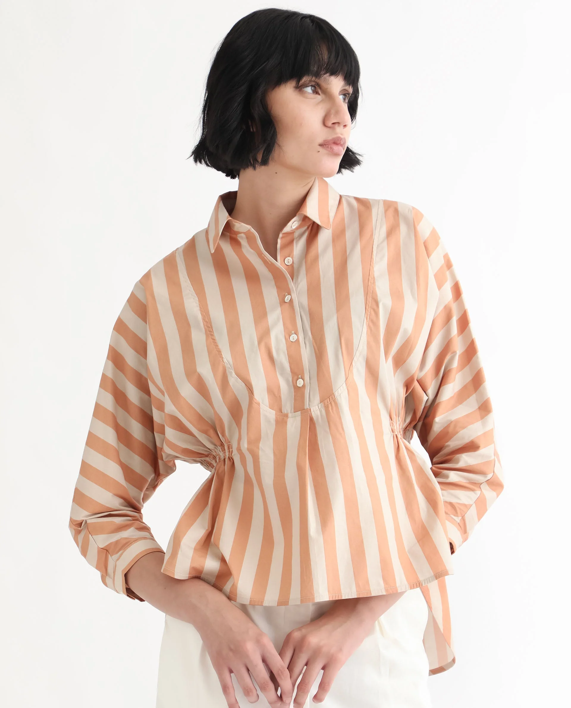 Rareism Women's Kowski Dark Beige Cotton Blend Spread Collar Striped Kimono Sleeve Regular Fit Top - Image 10