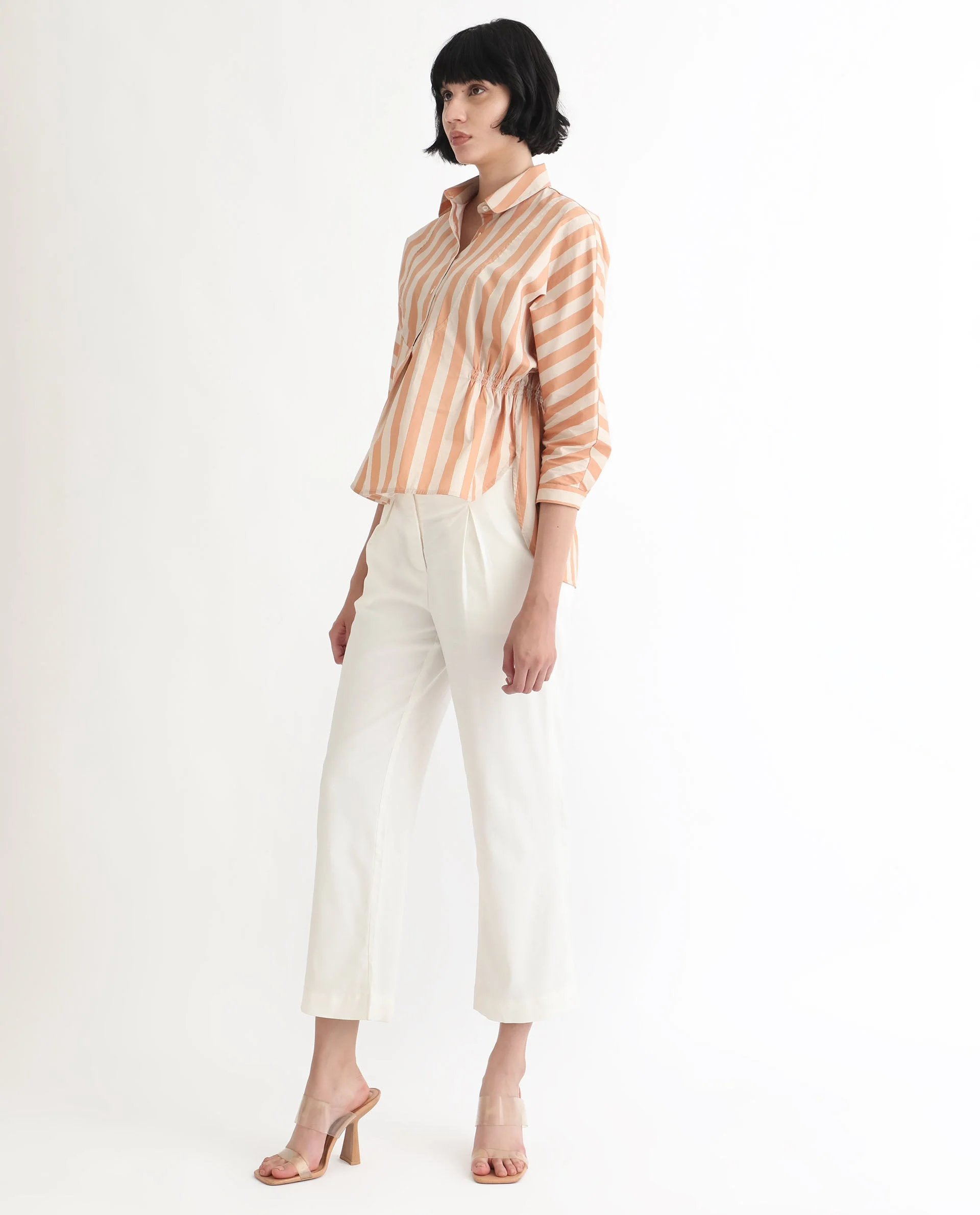 Rareism Women's Kowski Dark Beige Cotton Blend Spread Collar Striped Kimono Sleeve Regular Fit Top - Image 11