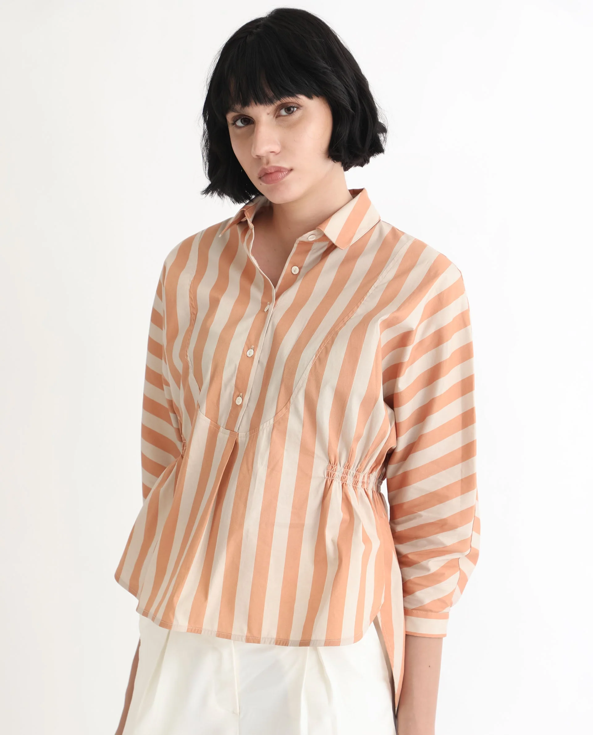 Rareism Women's Kowski Dark Beige Cotton Blend Spread Collar Striped Kimono Sleeve Regular Fit Top - Image 12