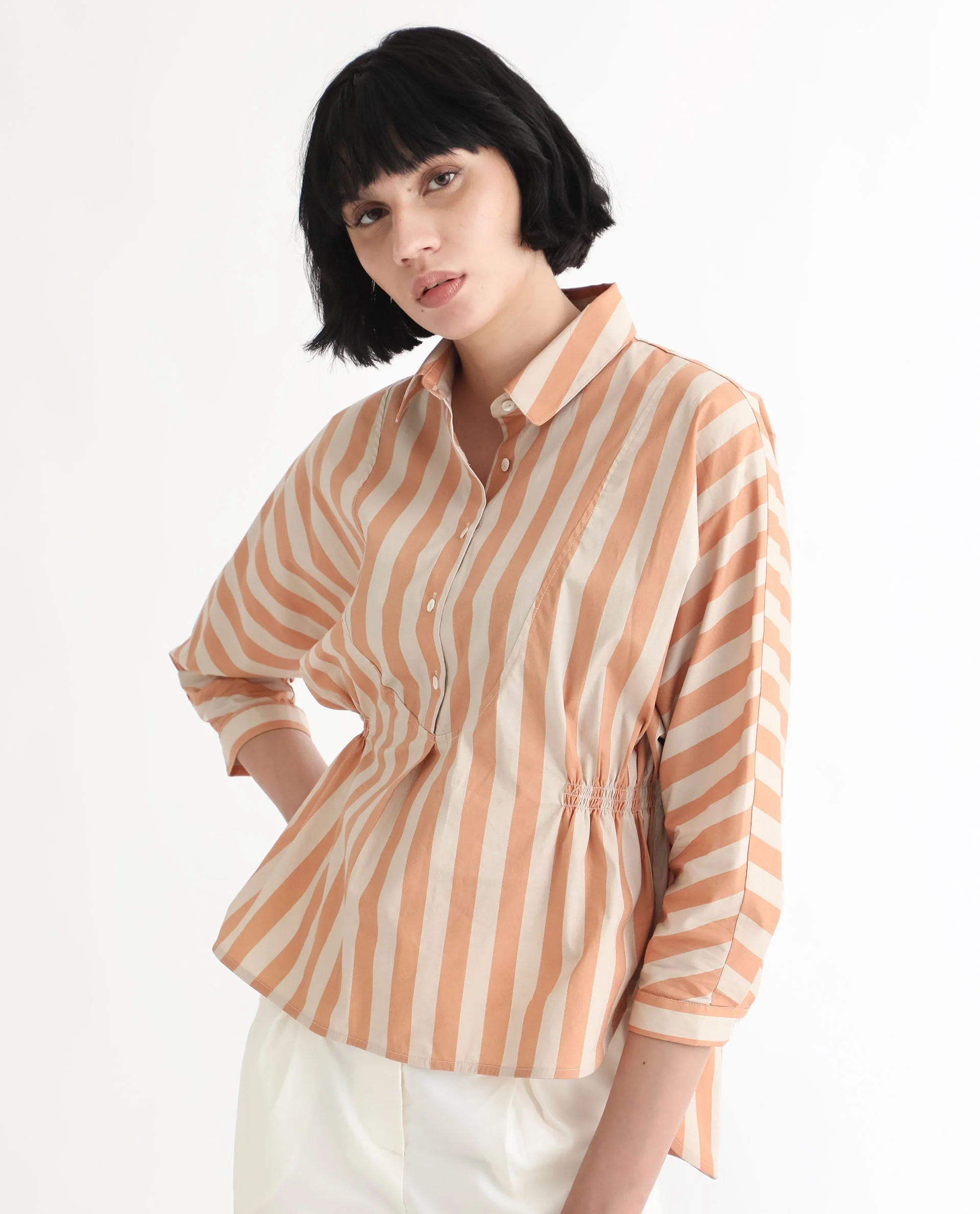Rareism Women's Kowski Dark Beige Cotton Blend Spread Collar Striped Kimono Sleeve Regular Fit Top - Image 13