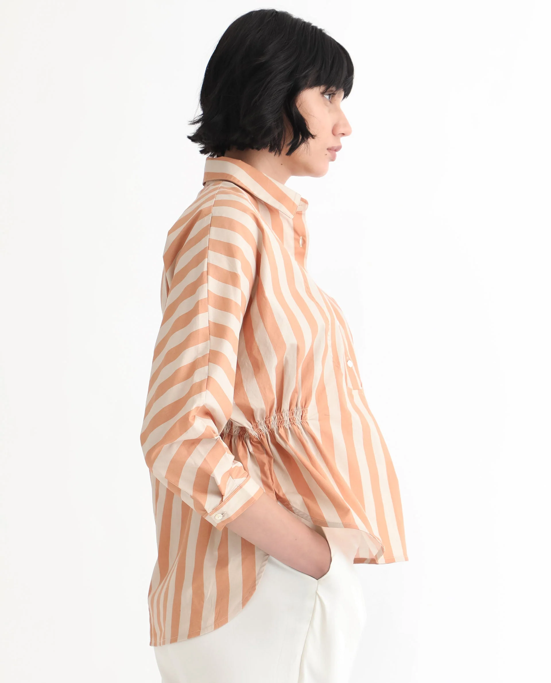 Rareism Women's Kowski Dark Beige Cotton Blend Spread Collar Striped Kimono Sleeve Regular Fit Top - Image 14