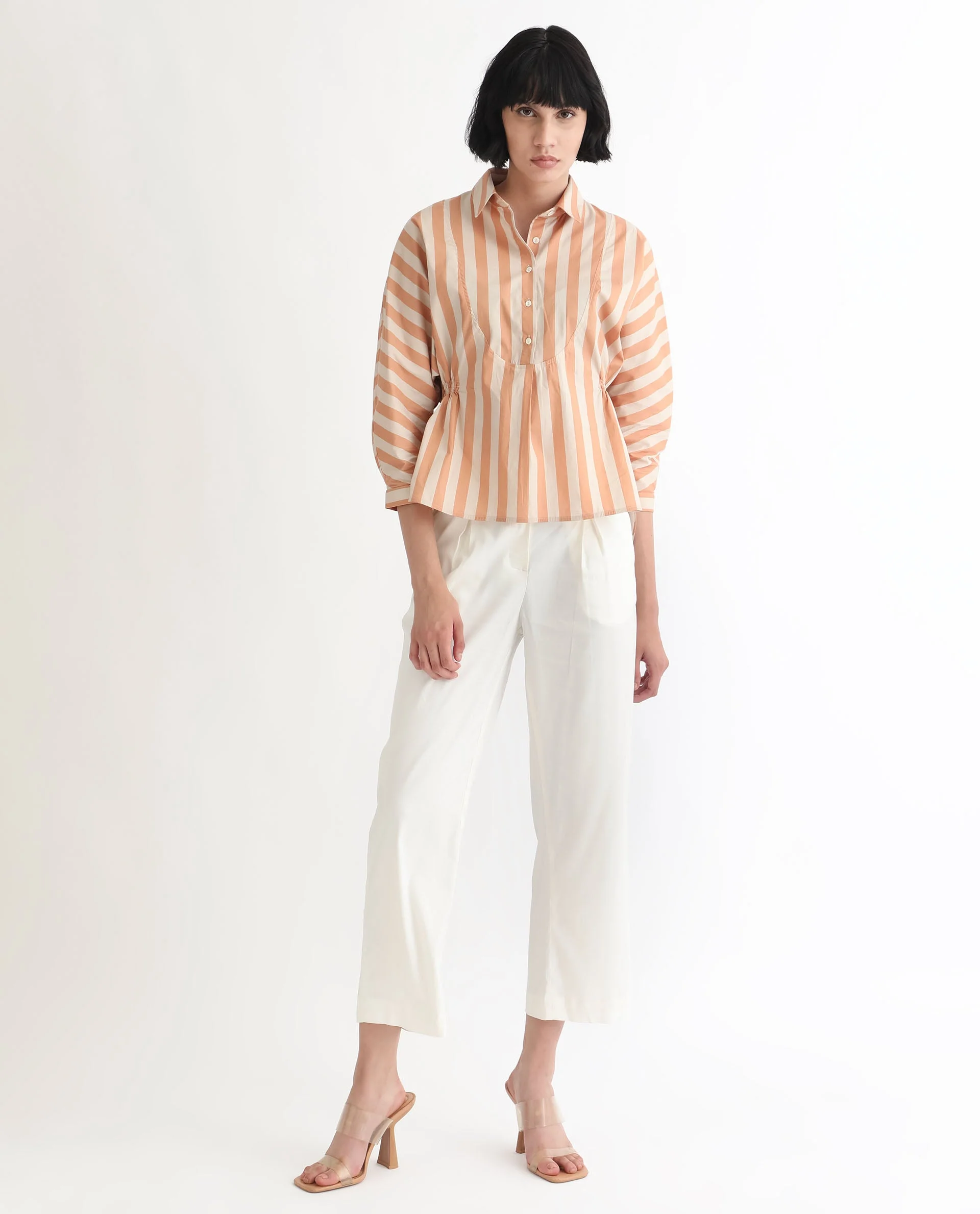 Rareism Women's Kowski Dark Beige Cotton Blend Spread Collar Striped Kimono Sleeve Regular Fit Top - Image 2