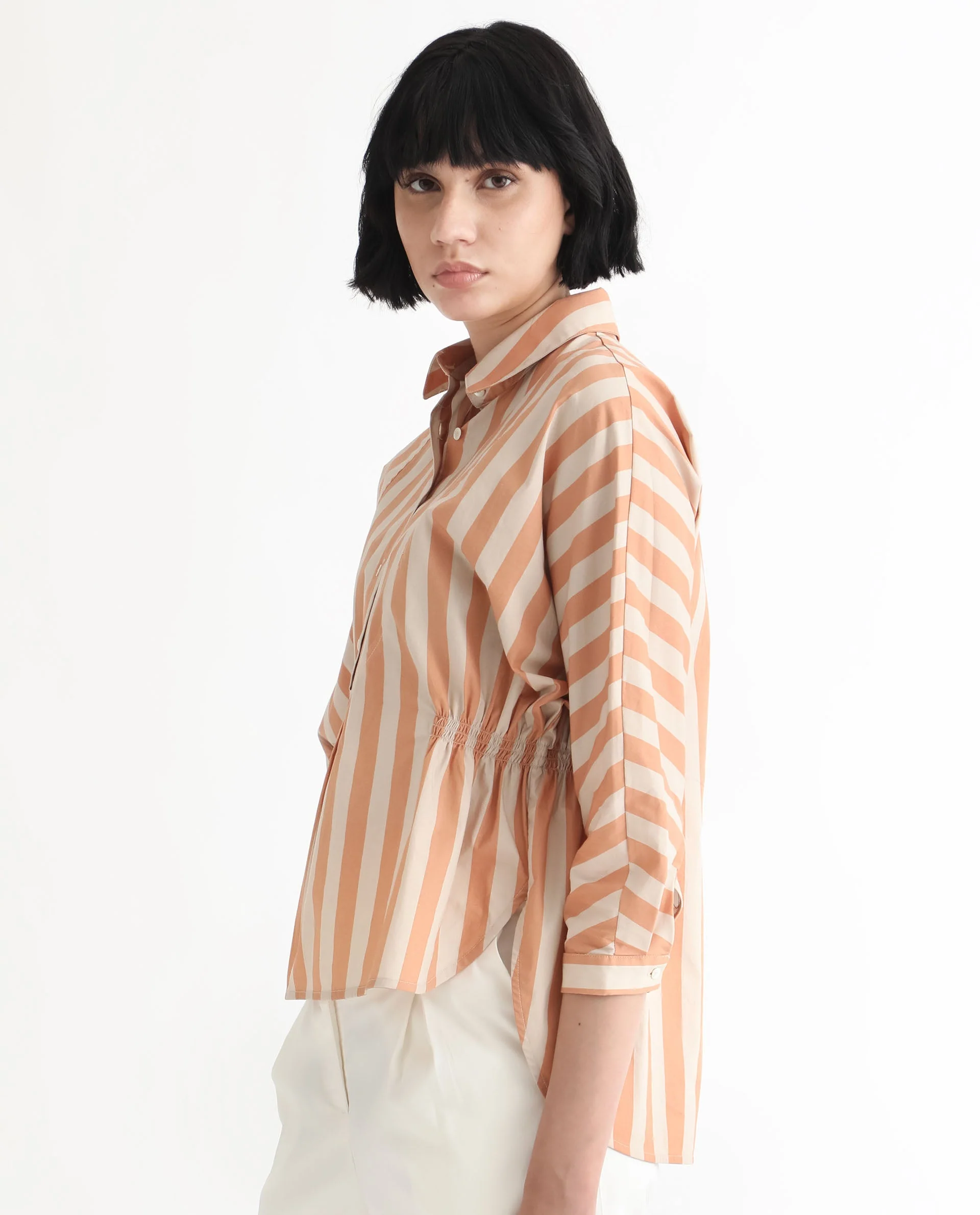 Rareism Women's Kowski Dark Beige Cotton Blend Spread Collar Striped Kimono Sleeve Regular Fit Top - Image 3