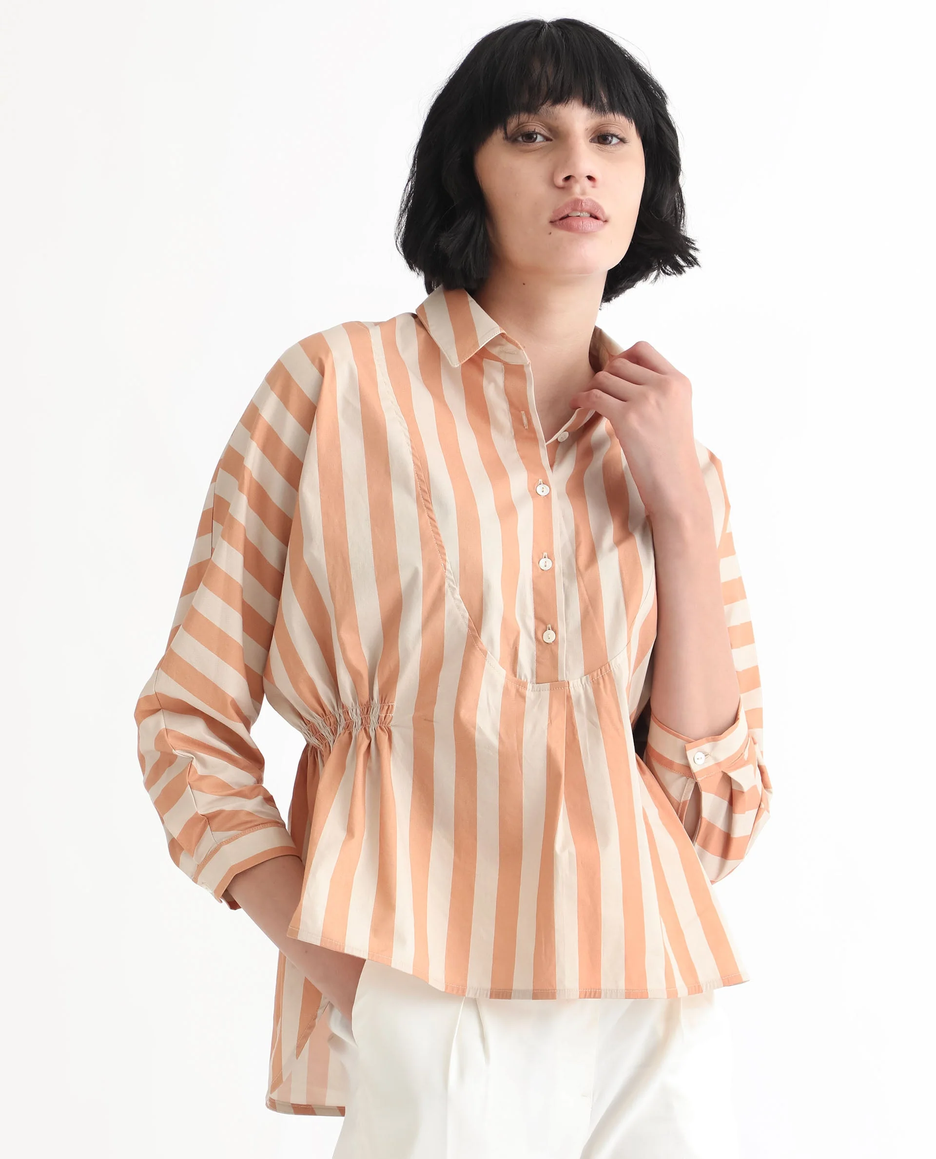 Rareism Women's Kowski Dark Beige Cotton Blend Spread Collar Striped Kimono Sleeve Regular Fit Top - Image 4