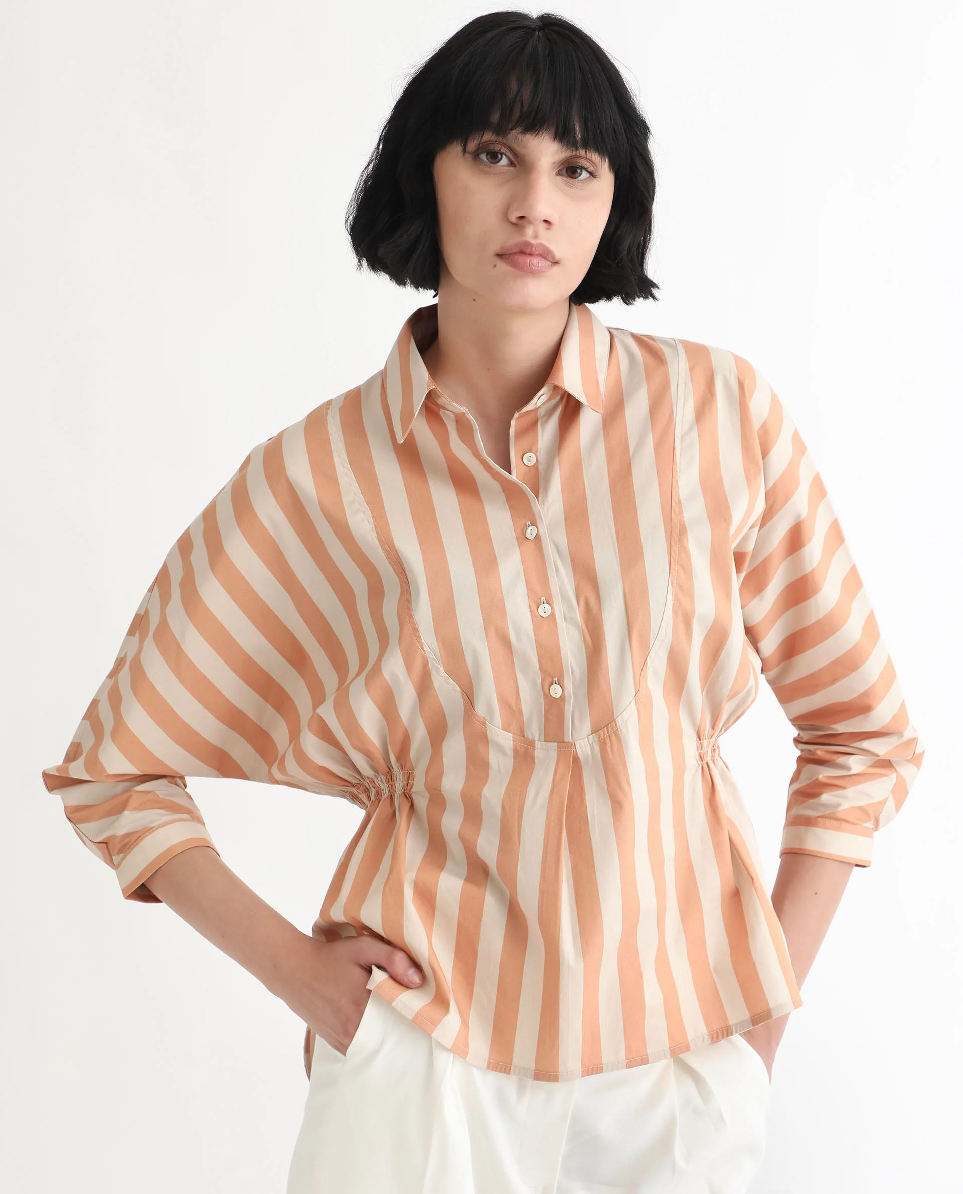 Rareism Women's Kowski Dark Beige Cotton Blend Spread Collar Striped Kimono Sleeve Regular Fit Top - Image 5