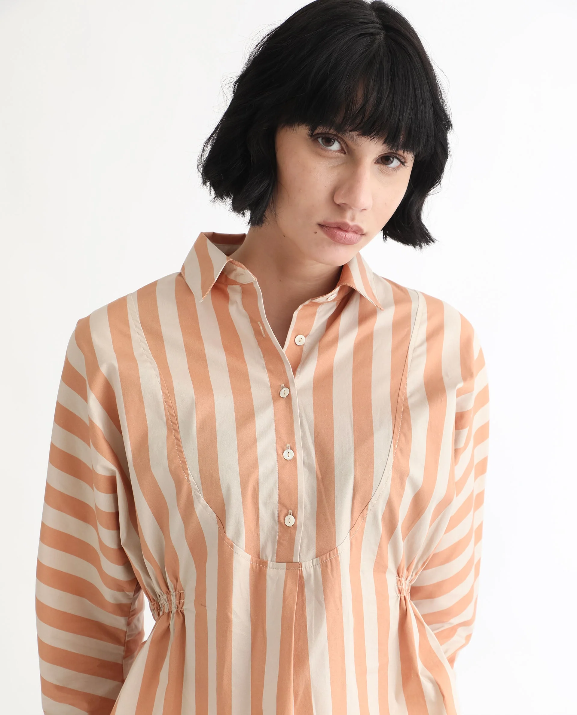 Rareism Women's Kowski Dark Beige Cotton Blend Spread Collar Striped Kimono Sleeve Regular Fit Top - Image 6