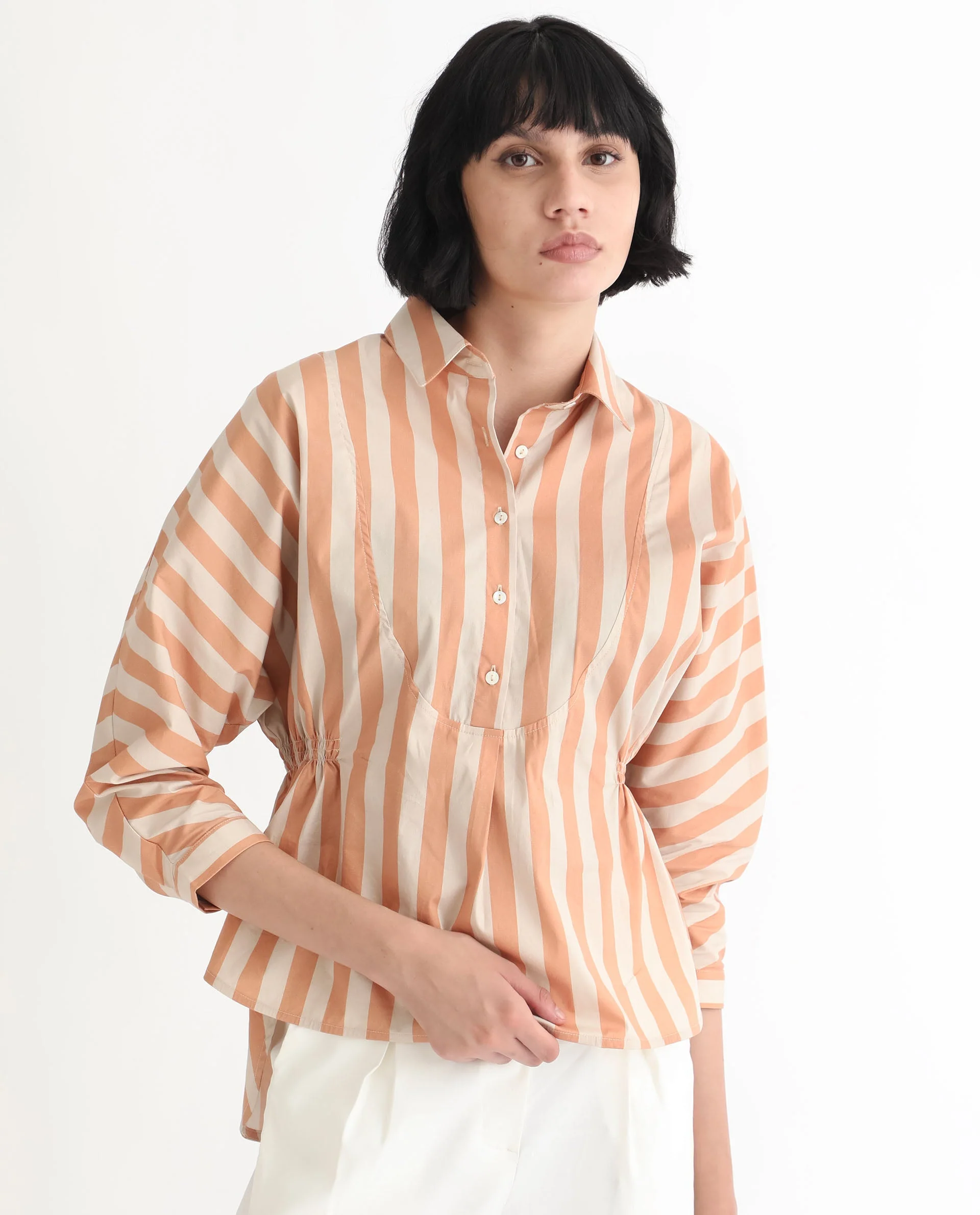 Rareism Women's Kowski Dark Beige Cotton Blend Spread Collar Striped Kimono Sleeve Regular Fit Top - Image 7