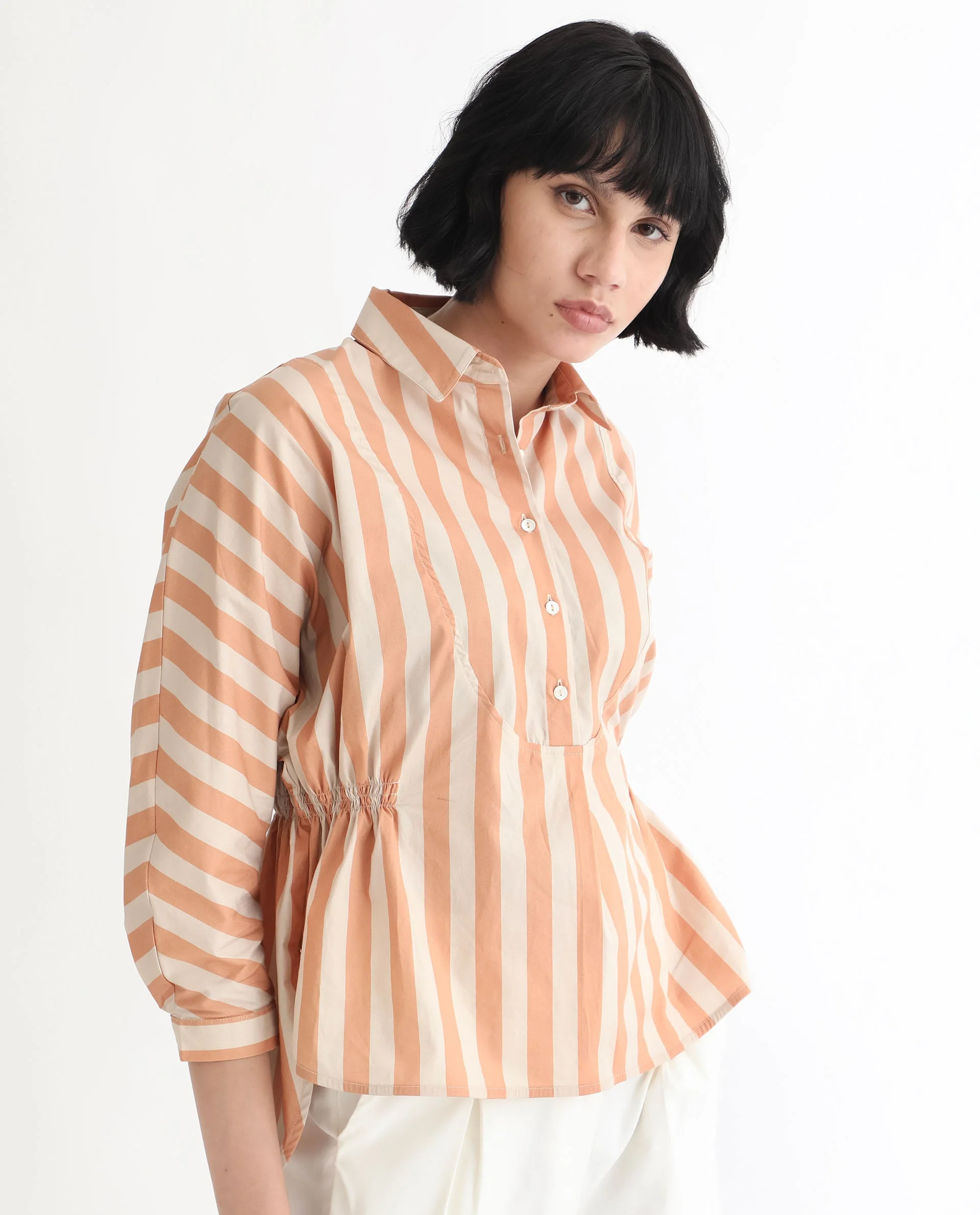 Rareism Women's Kowski Dark Beige Cotton Blend Spread Collar Striped Kimono Sleeve Regular Fit Top - Image 8