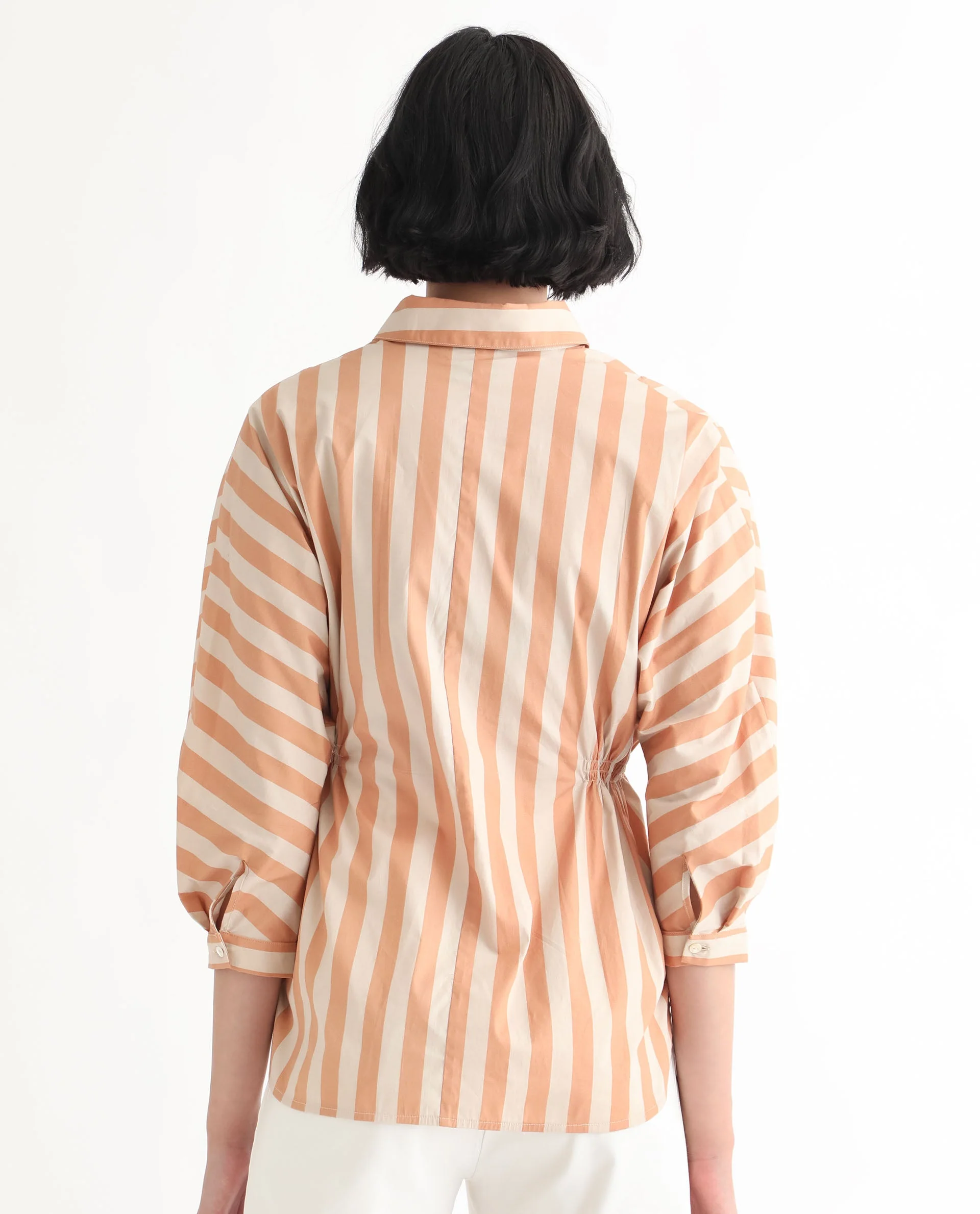Rareism Women's Kowski Dark Beige Cotton Blend Spread Collar Striped Kimono Sleeve Regular Fit Top - Image 9