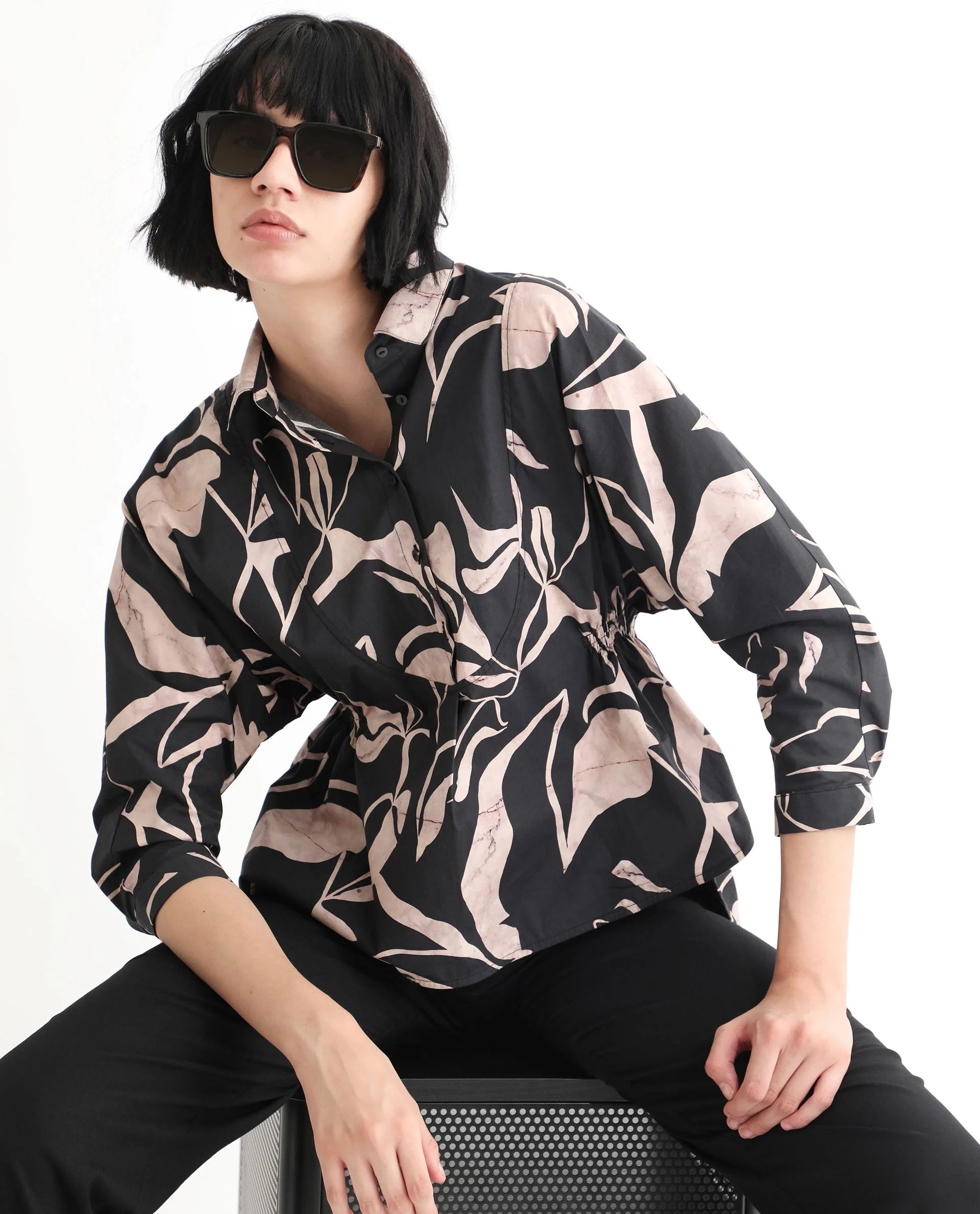 Rareism Women's Kowski Dark Black Cotton Blend Spread Collar Abstract Print Kimono Sleeve Regular Fit Top